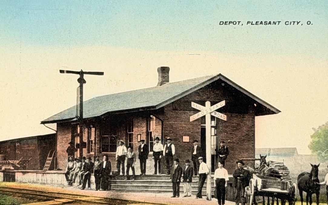 Pleasant City Ohio Vintage Postcard Railroad Depot Railroad Crossing c1910