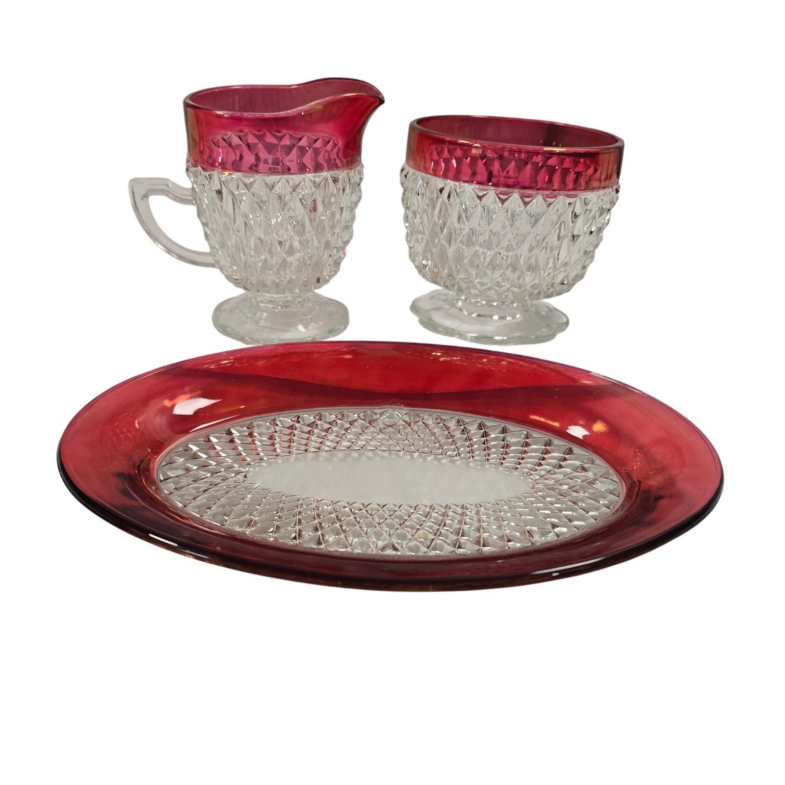 Vt Ruby Flashed Diamond Point Creamer Sugar Set with Oval Tray 3pc Indian Glass Vt Ruby Flashed Diamond Point Creamer Sugar Set with Oval Tray 3pc Indian Glass