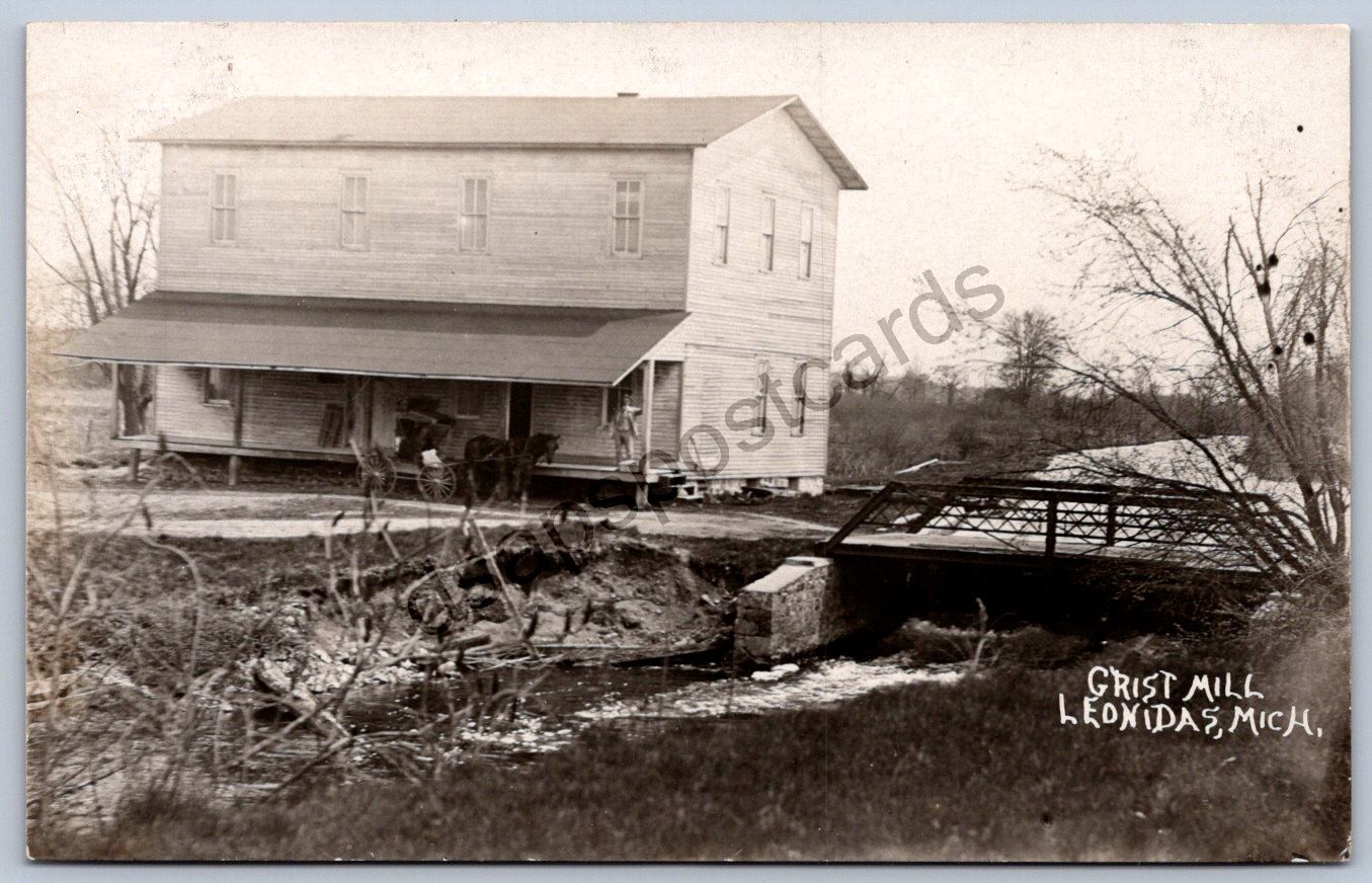 K53/ Leonidas Michigan RPPC Postcard c1910 Grist Mill Building Bridge 414