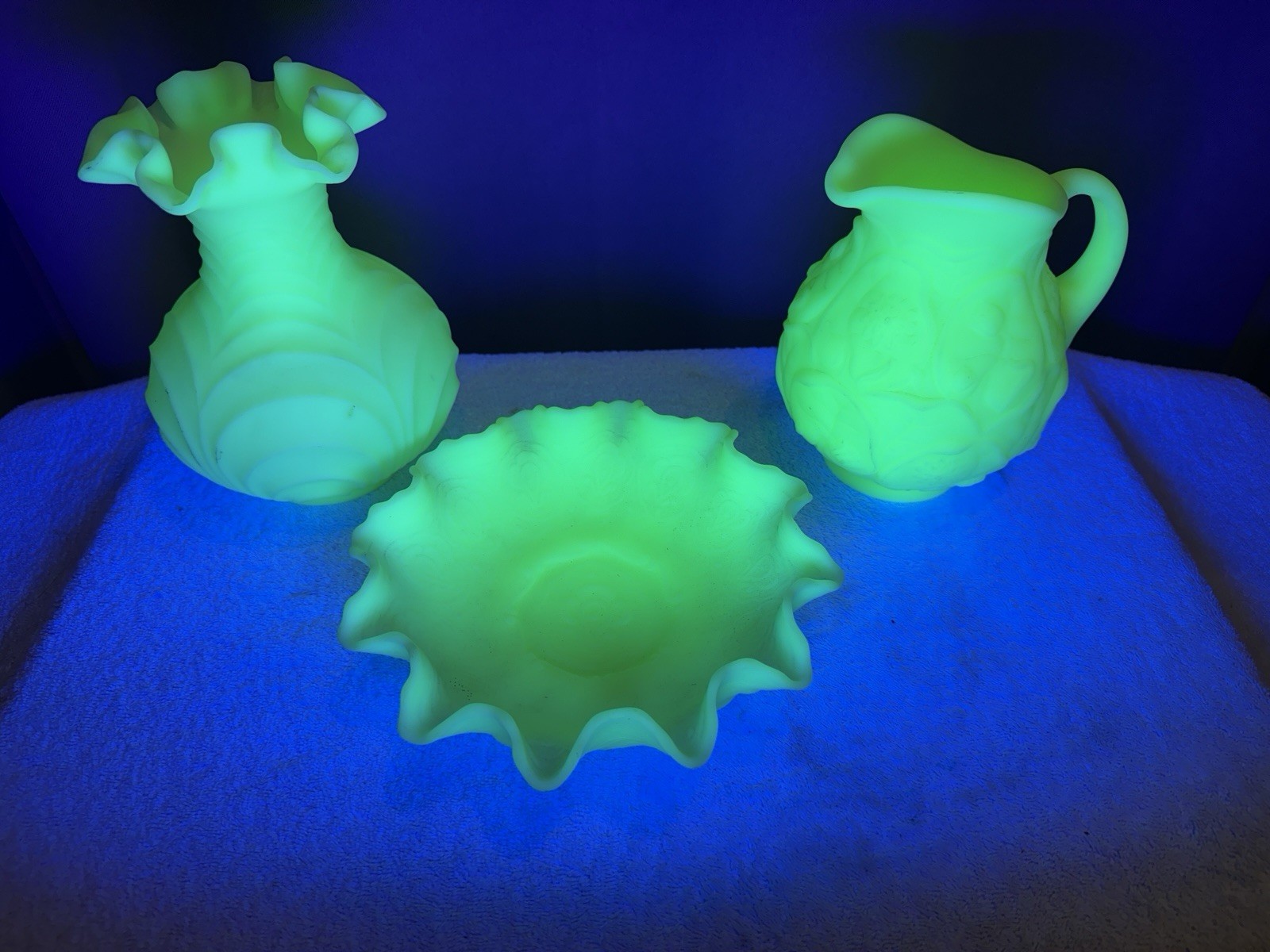 Vaseline Topaz Opalescent Hobnail Lot Of 3 Uranium Cruet & Two Vases