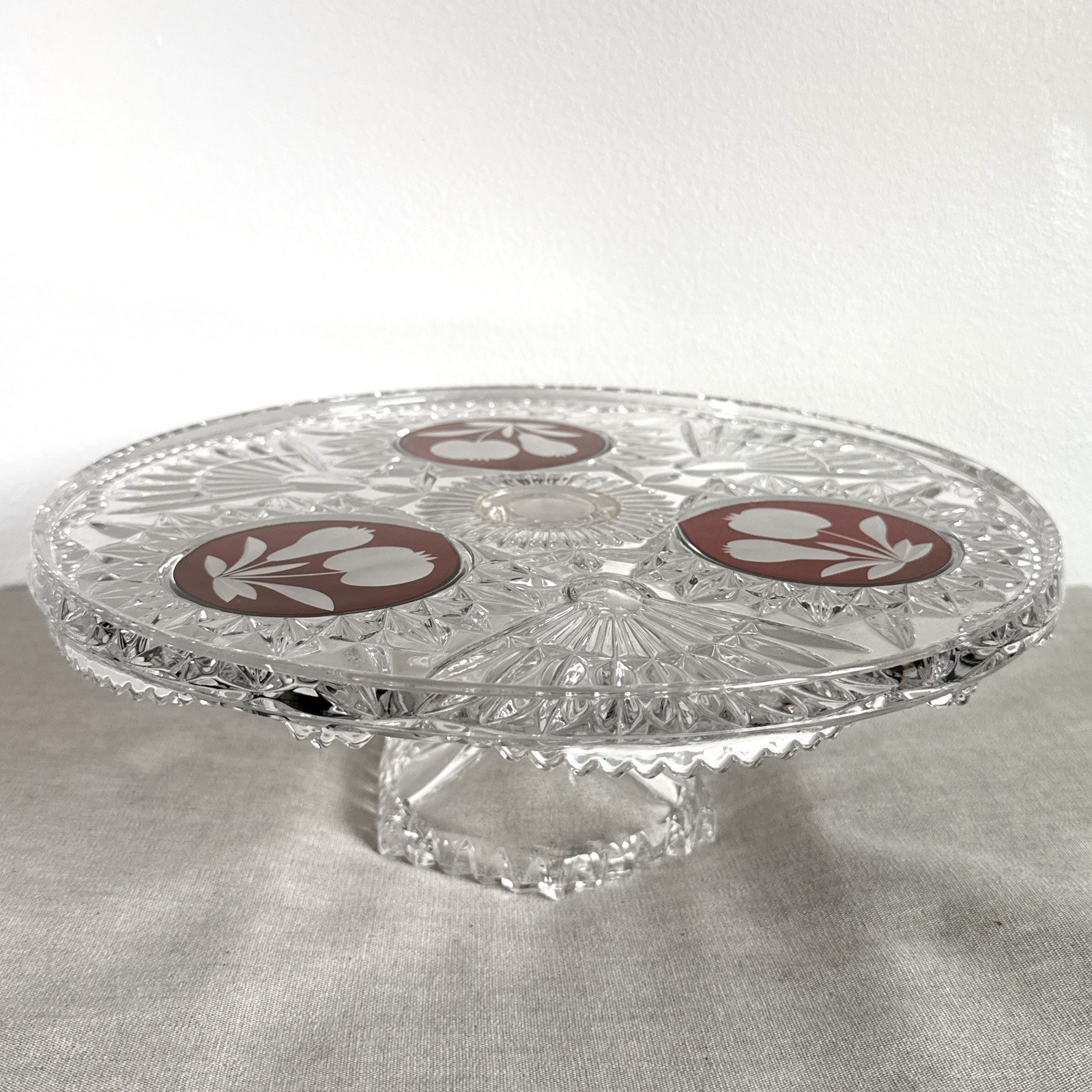 Vintage Anna Hutte Bleikristall Lead Crystal Pedestal Cake Stand Red 12”