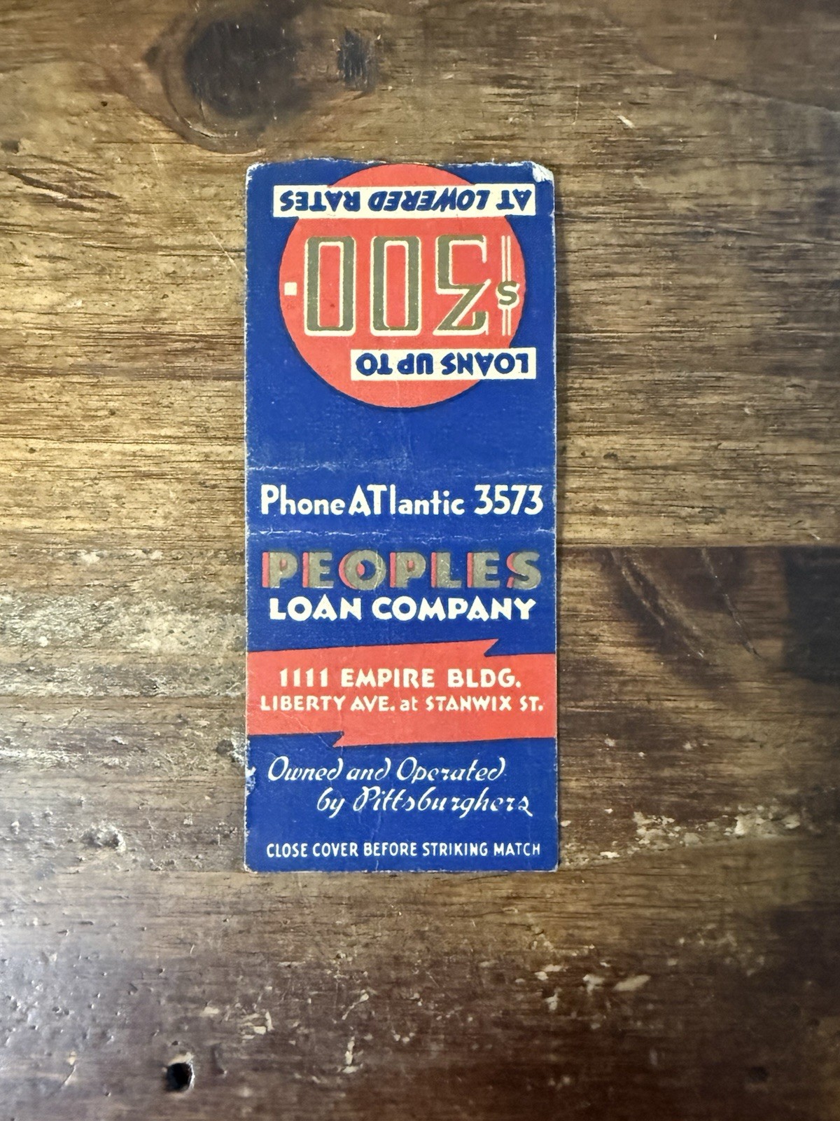 H1437 Peoples Loan Company Pittsburgh Pennsylvania Vintage Matchbook Cover