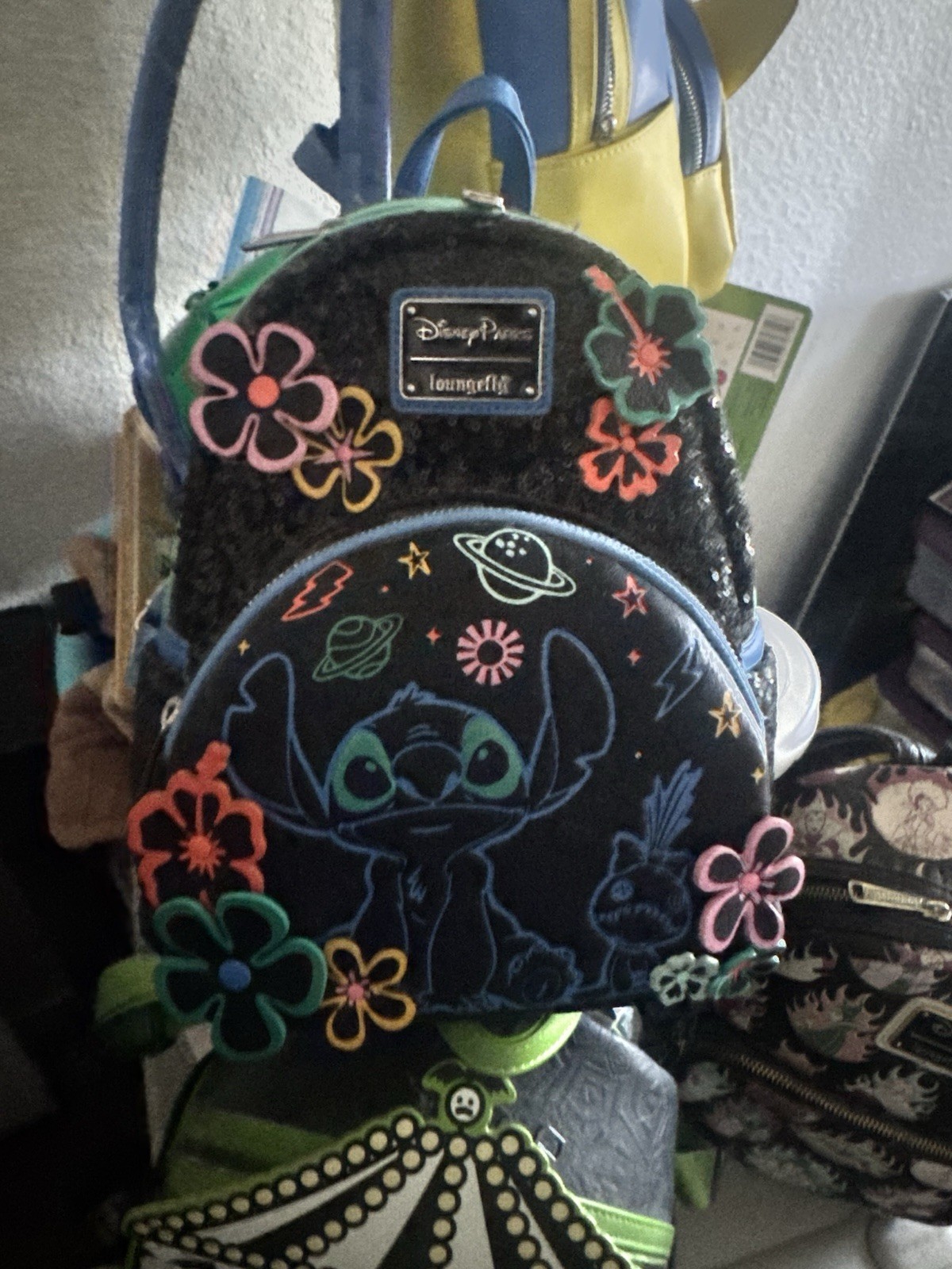 Loungefly Disney Lilo & Stitch Mini Backpack Black Sequin Neon Floral Accents