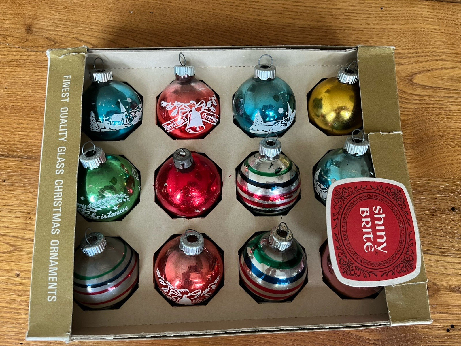 Vintage Shiny Brite Glass Christmas Ornament Boxed Set 12 Striped Stencil Plain