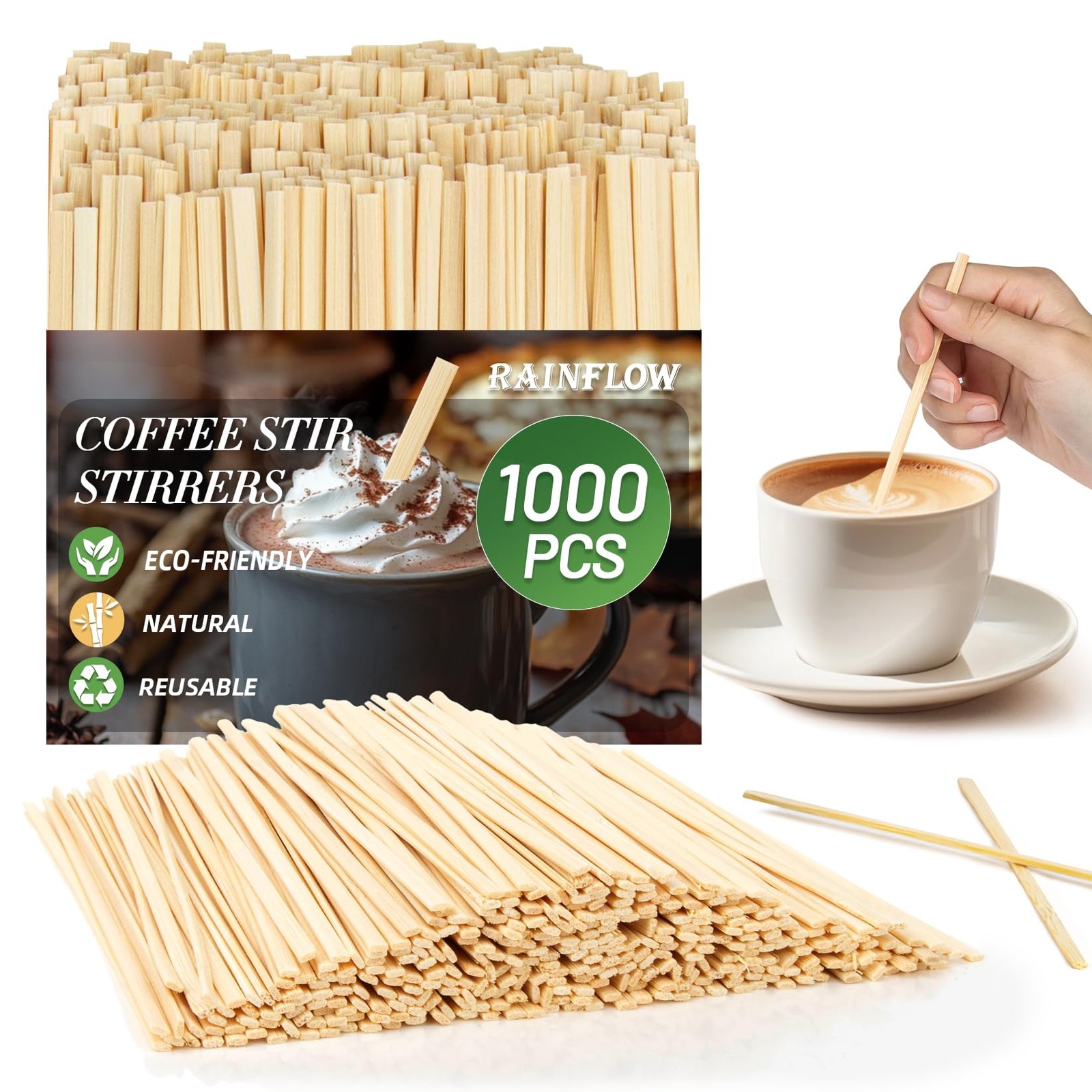 RAINFLOW 1000PCS Coffee Stirrers - Coffee Stir Sticks 5.5 Inch