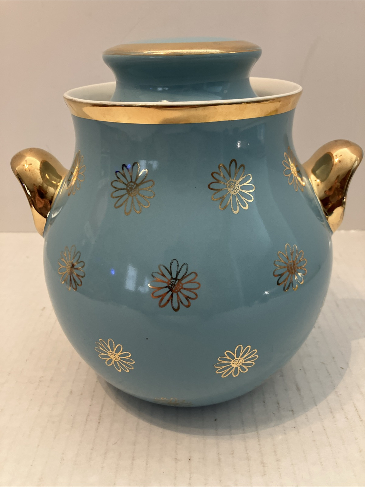 VINTAGE HALL\'S SUPERIOR QUALITY KITCHENWARE COOKIE JAR BLUE/AQUA GOLD DAISIES