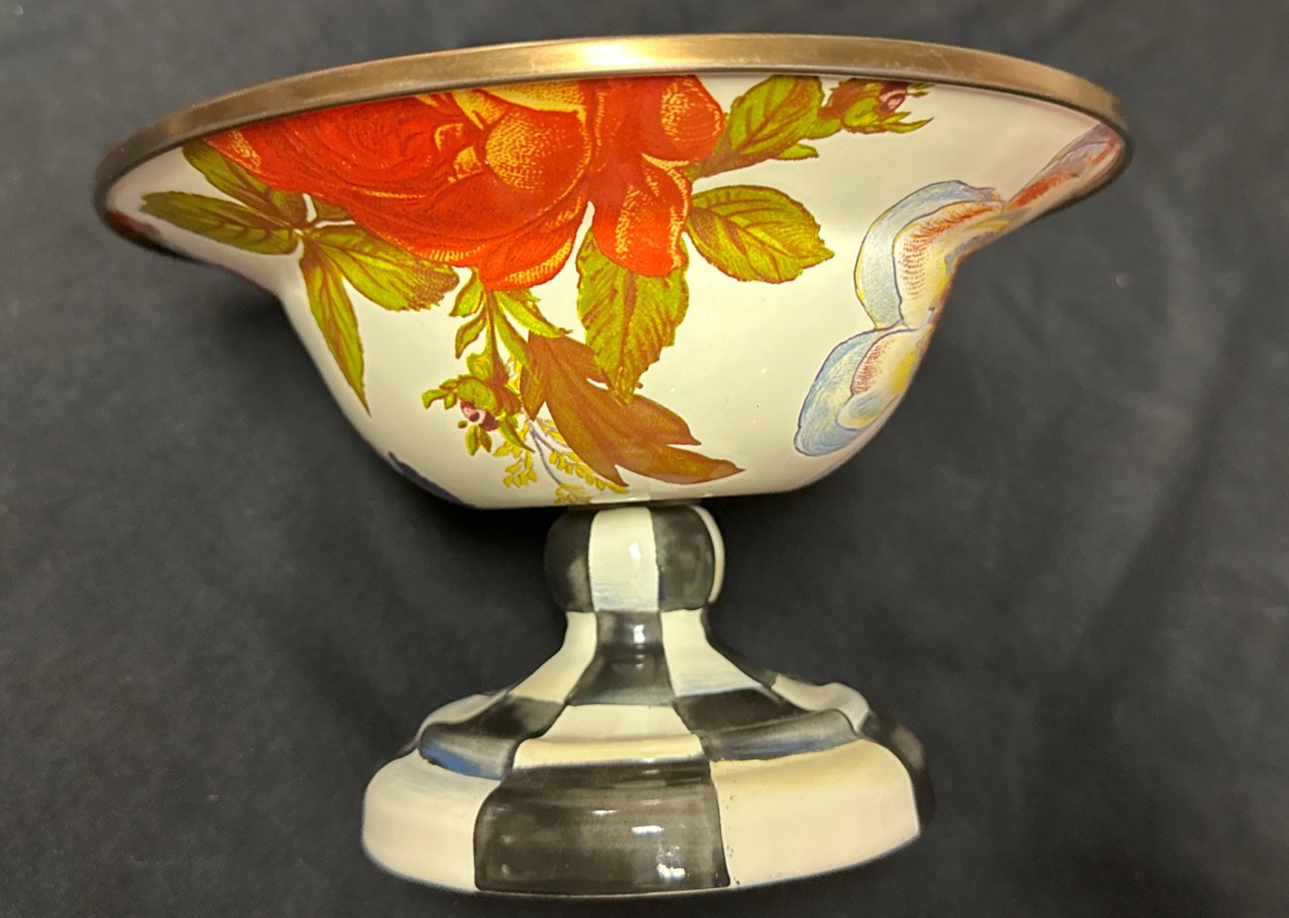 MACKENZIE-CHILDS CHECKERED/FLOWER MARKET COURTLY SMALL PEDESTAL COMPOTE MACKENZIE-CHILDS CHECKERED/FLOWER MARKET COURTLY SMALL PEDESTAL COMPOTE
