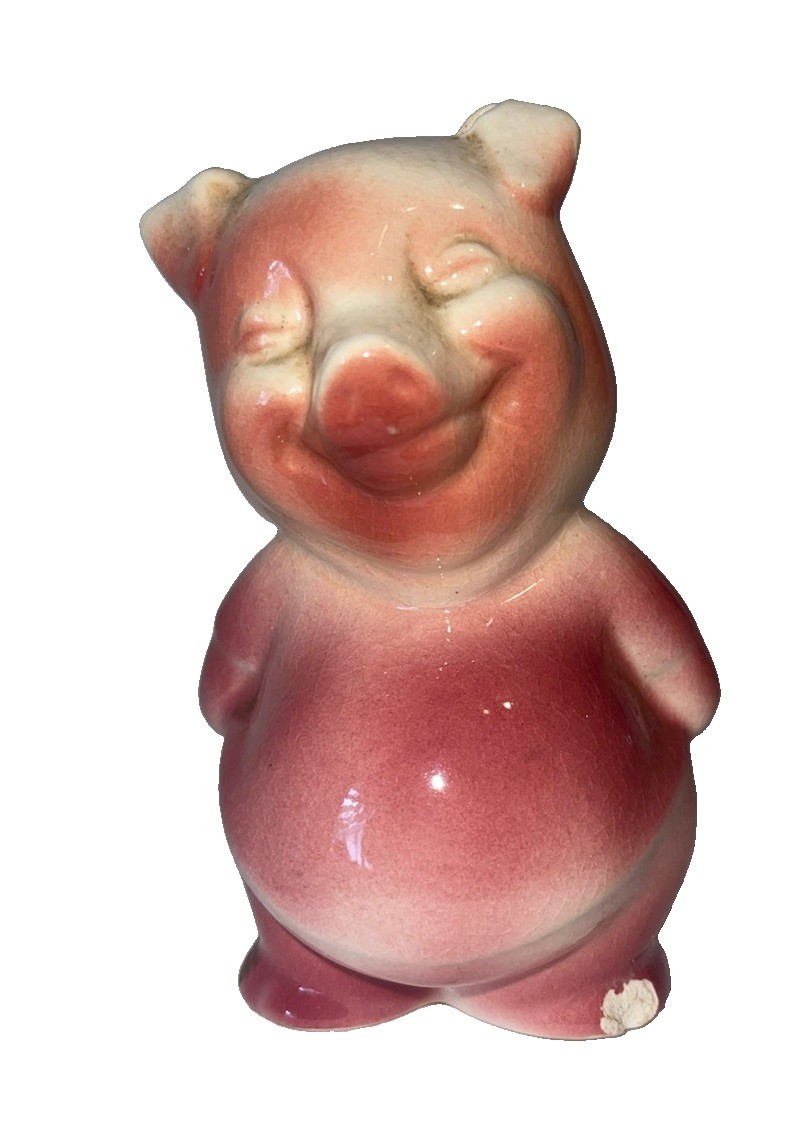 Vintage Pink Ceramic Standing Pig Coin Piggy Bank Smiling Break Open Style Chip Vintage Pink Ceramic Standing Pig Coin Piggy Bank Smiling Break Open Style Chip