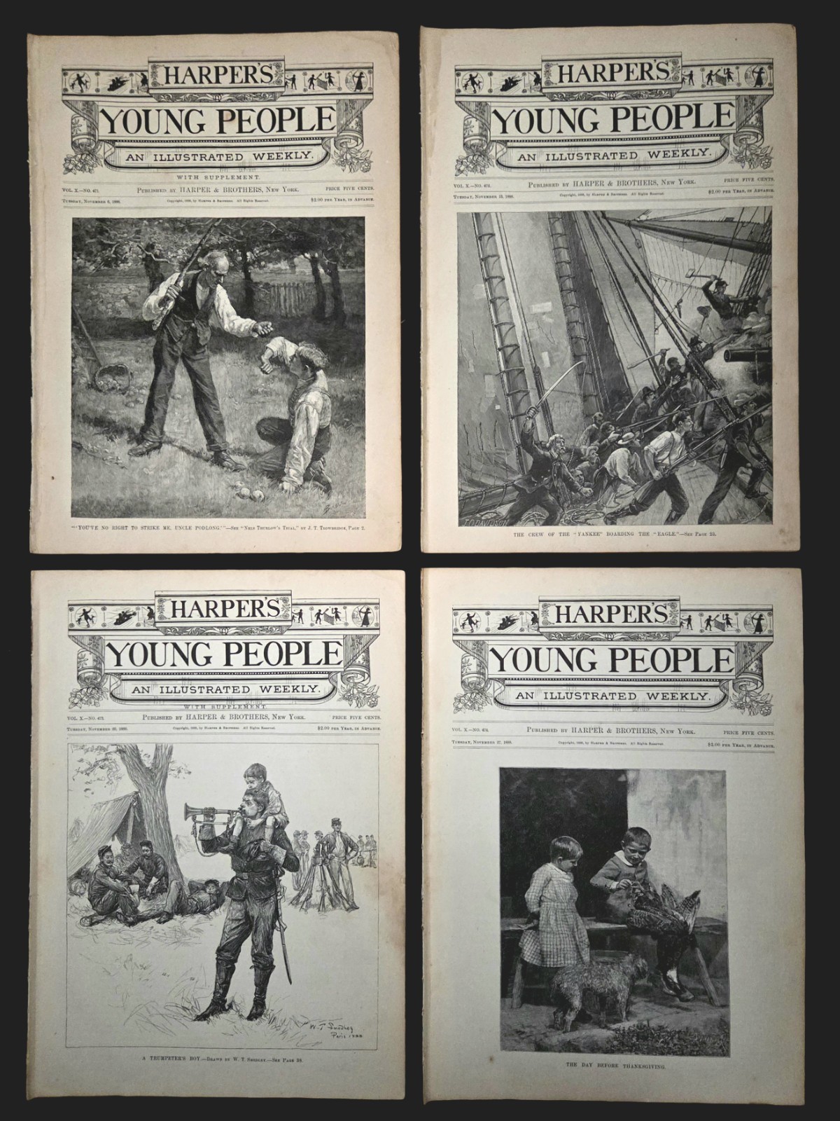Antique 1888 Lot Of 4 HARPER\'S YOUNG PEOPLE Illustrated Weekly\'s Vol. X #471-474