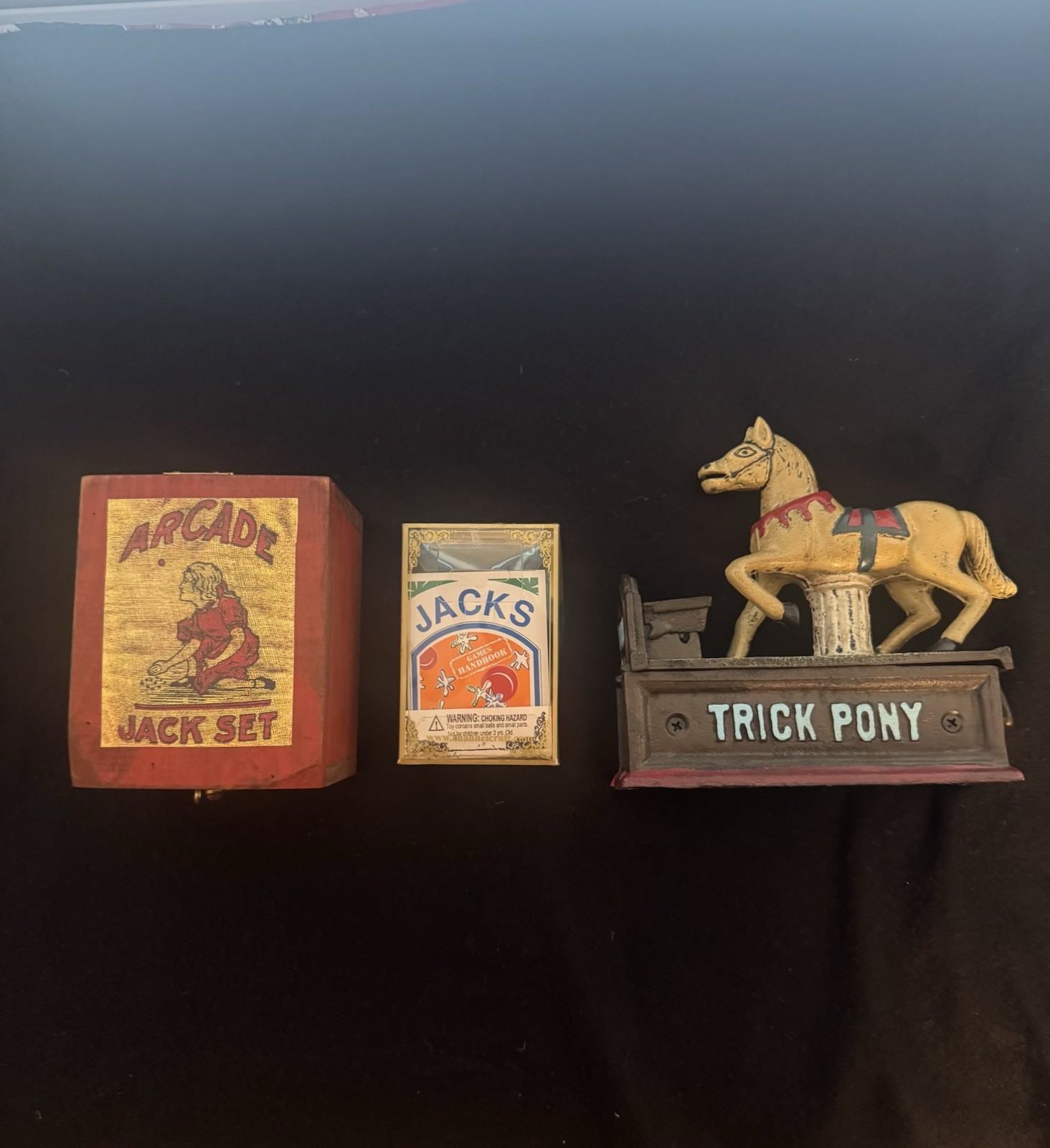 Antique 1930s 40s Arcade Jack Set Box & Jacks- Trick Pony Mechanical Bank 
