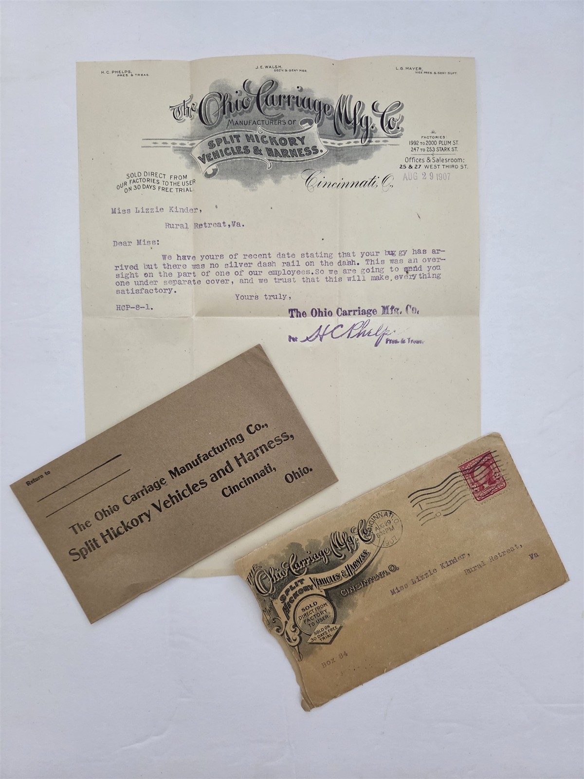 1907 antique OHIO CARRIAGE MFG CO cincinnati oh SPLIT HICKORY BUGGY LETTERHEAD