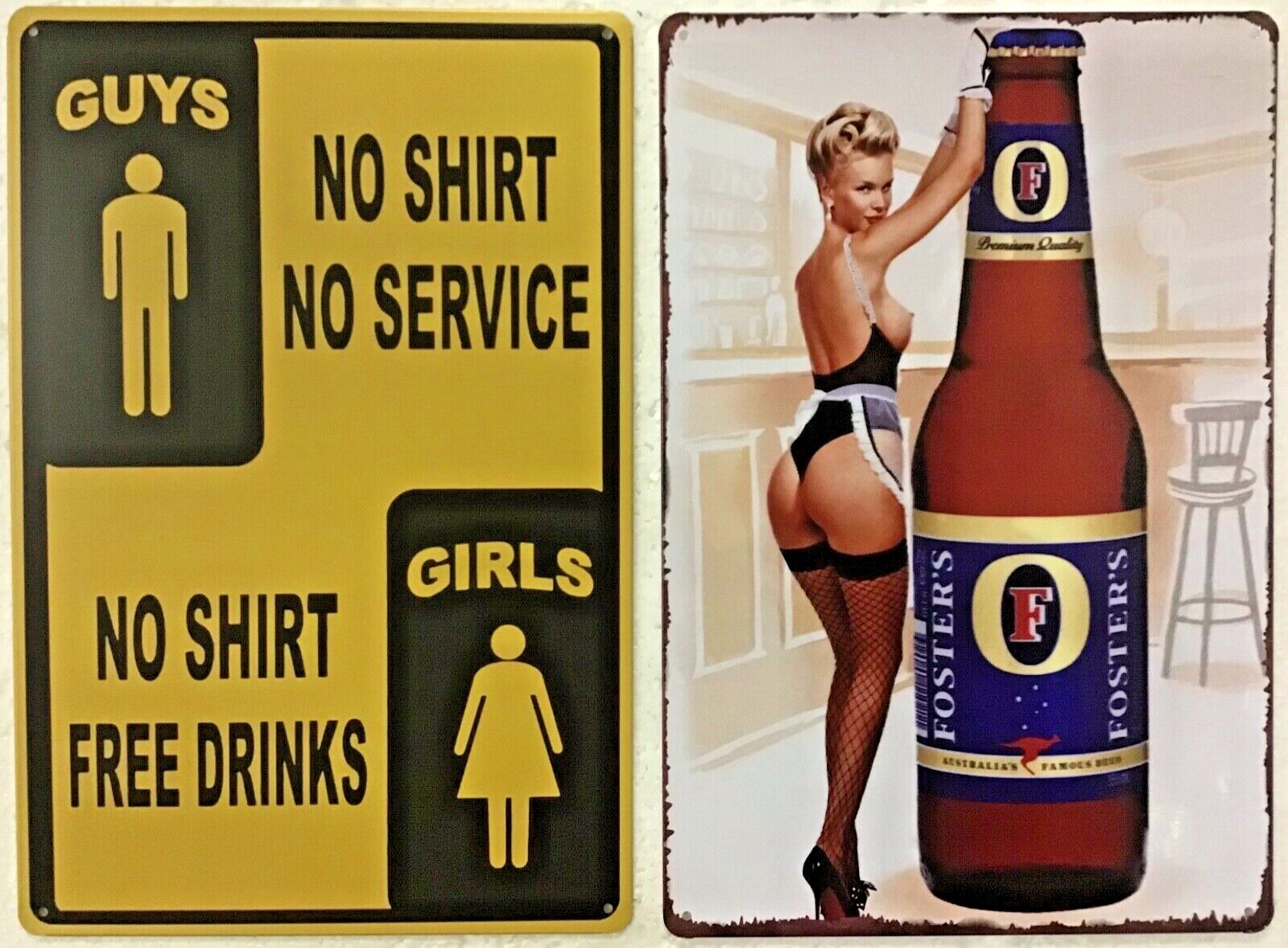 8x12 Tin Sign 2 pc SET Funny free drinks bar man cave beer Fosters sexy blonde 8x12 Tin Sign 2 pc SET Funny free drinks bar man cave beer Fosters sexy blonde
