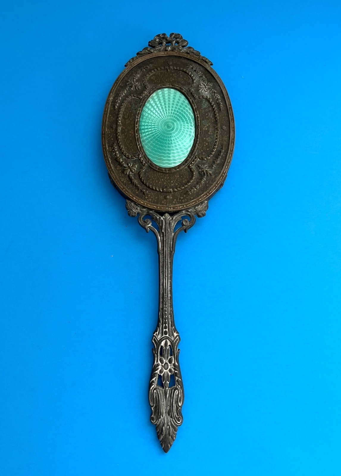 Antique E & J Bass EmpireArt Gold Bronze Hand Mirror w/Guilloché Enamel Center Antique E & J Bass EmpireArt Gold Bronze Hand Mirror w/Guilloché Enamel Center