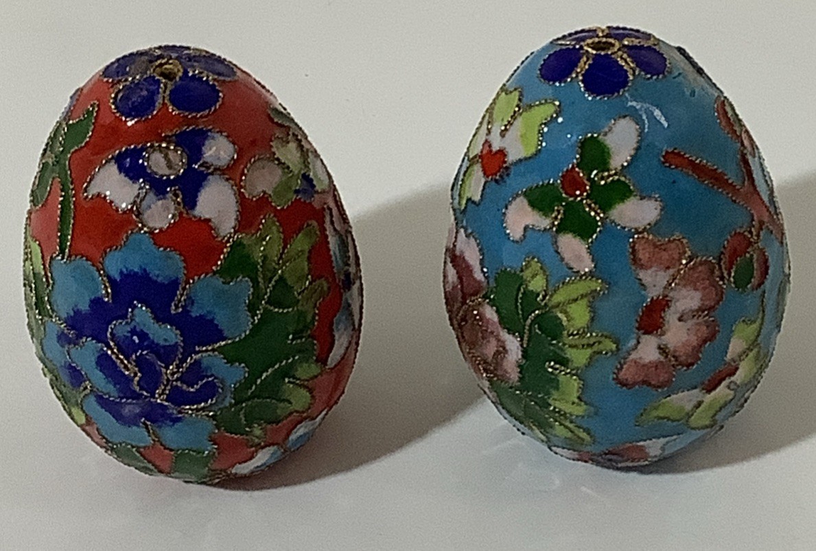 Cloisonné Eggs ~ 2 Enameled With Gold Bordering Red & Blue Decoration Vintage