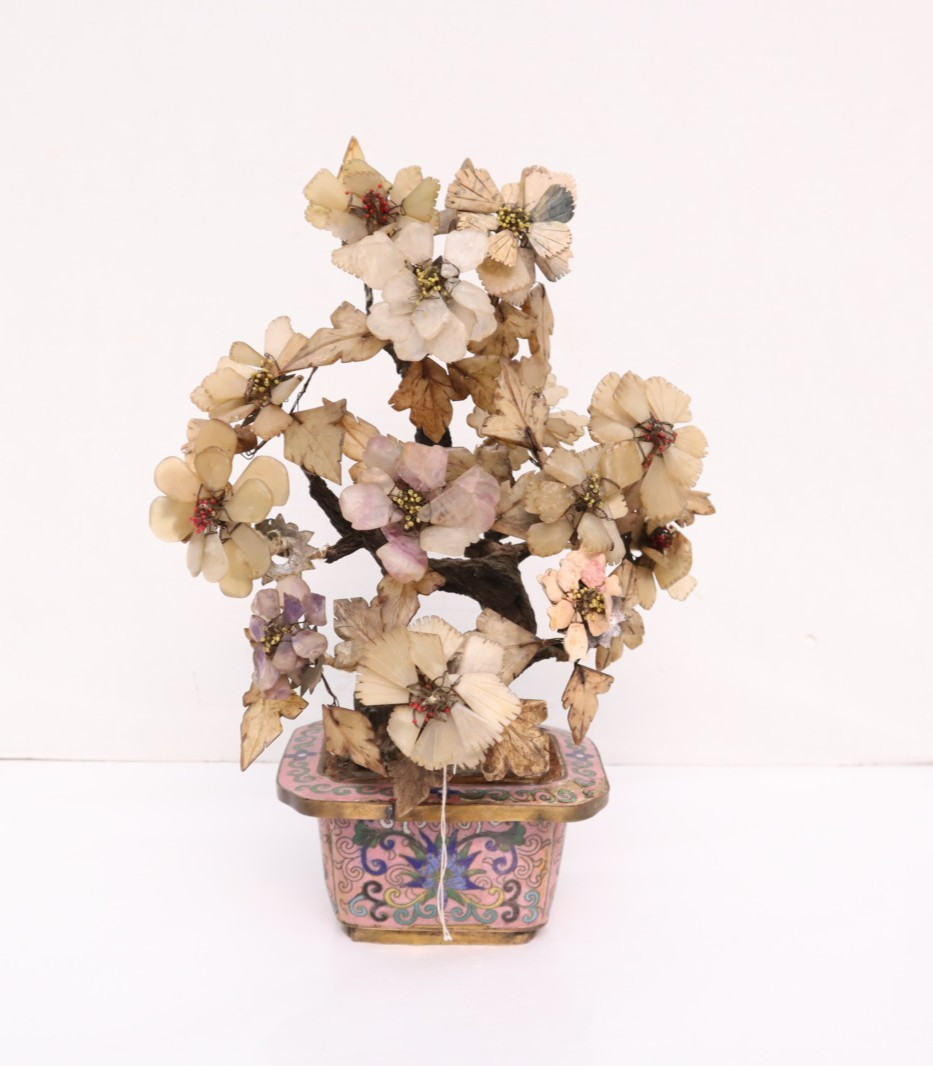 Vintage Cloisonné Potted Jade & Gemstone Flower Tree Decor LARGE 13.5