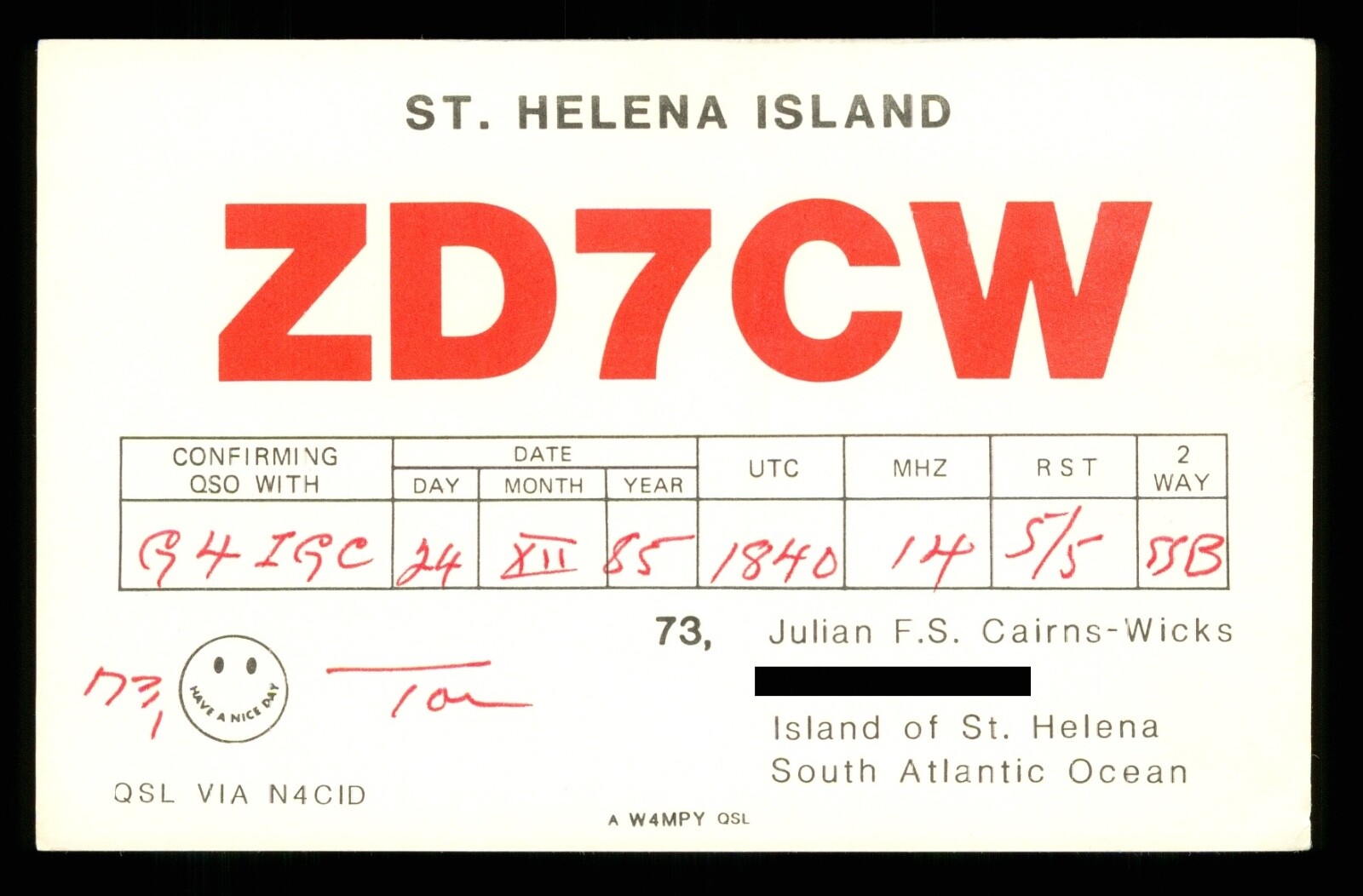 QSL Card Radio St Helena Island ZD7CW 1985 op Julian F S Cairns-Wicks ≠ B141