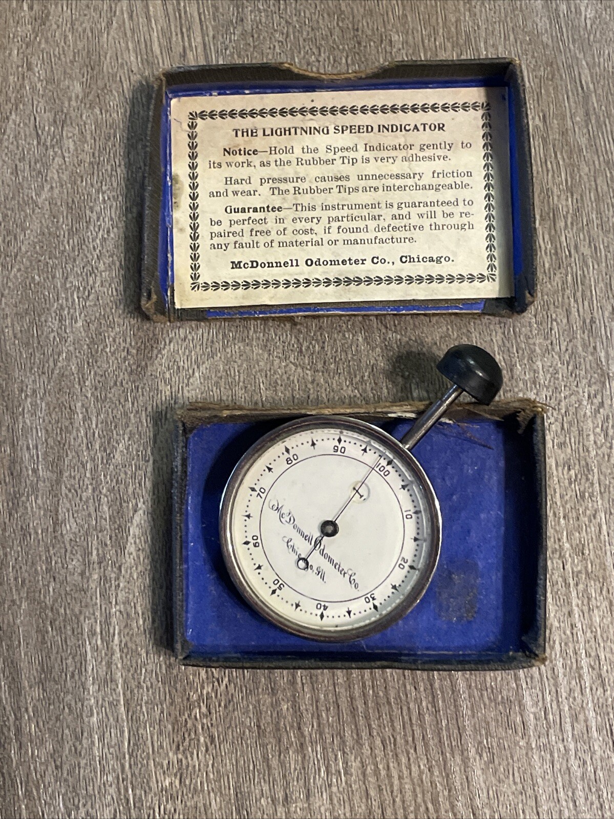 Vintage McDonnell Odometer Co. Lightning Speed Indicator With Original Box