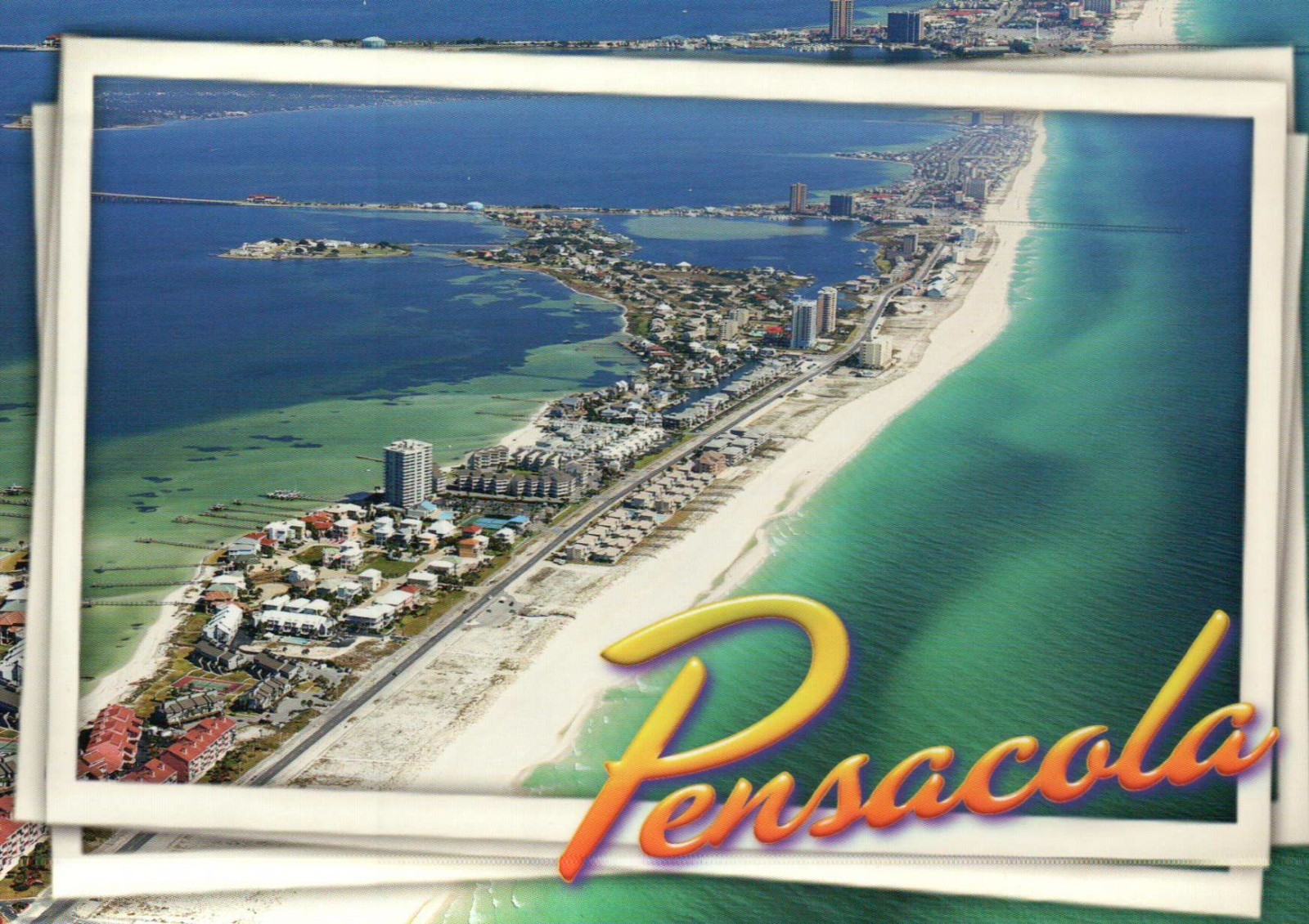 Aerial View of Pensacola Beach Florida, Beach Hotels Ocean Bridge FL -- Postcard Aerial View of Pensacola Beach Florida, Beach Hotels Ocean Bridge FL -- Postcard