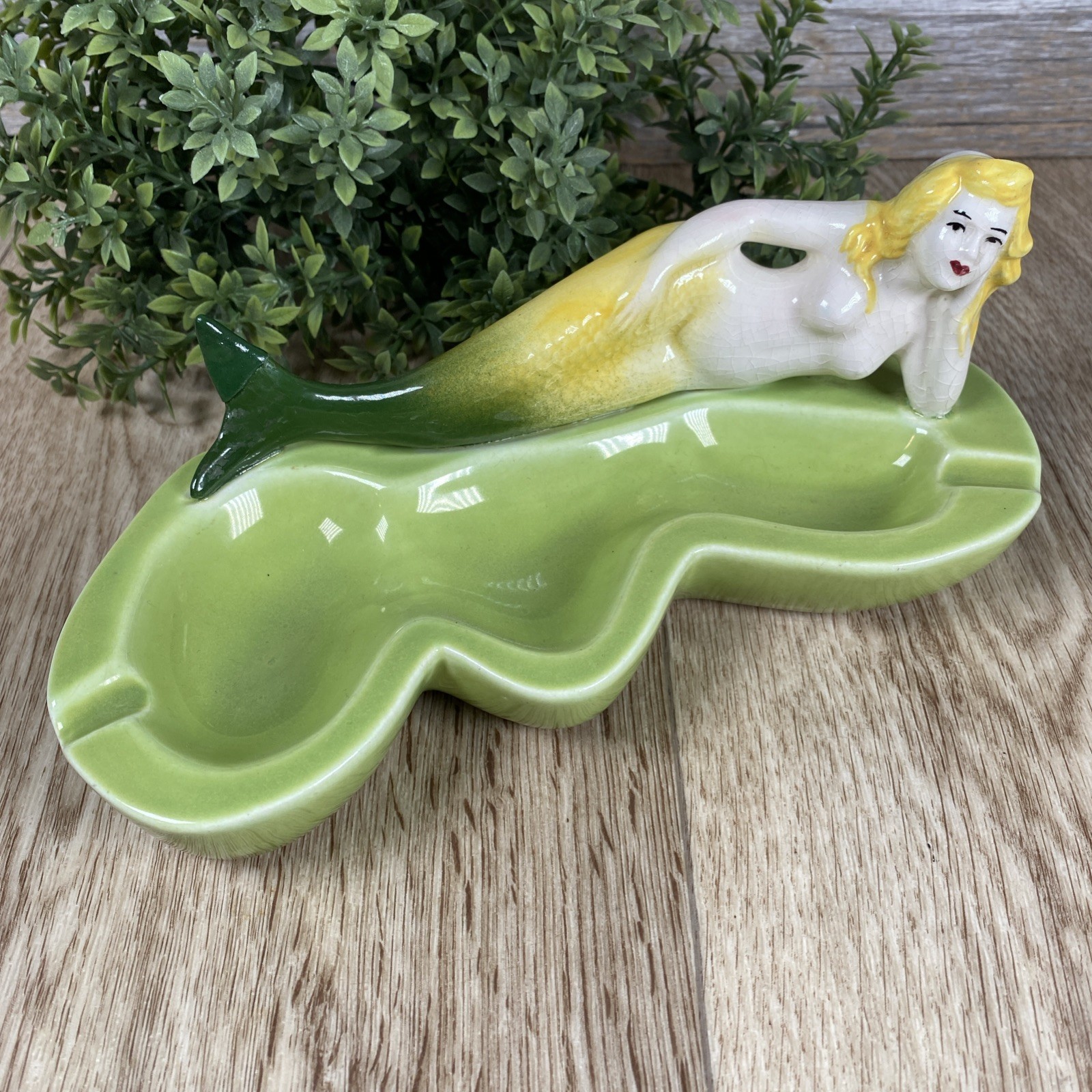 Mermaid Nautical Ashtray MCM Unique Glazed Ceramic 8 ½” L, 4” W, Repaired