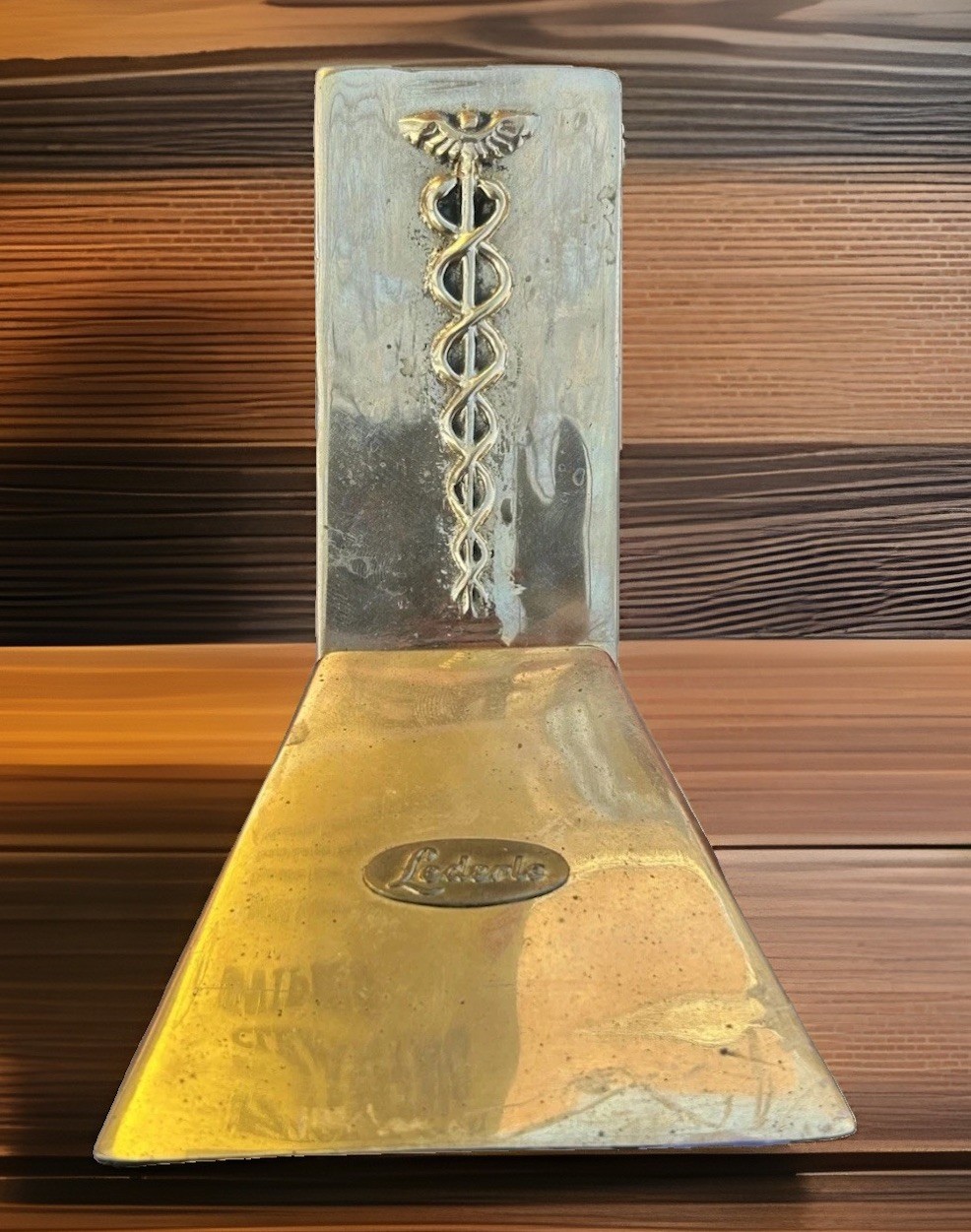 Vintage Lederle Labs Caduceus Brass Book End American Cyanamid Medical Advert