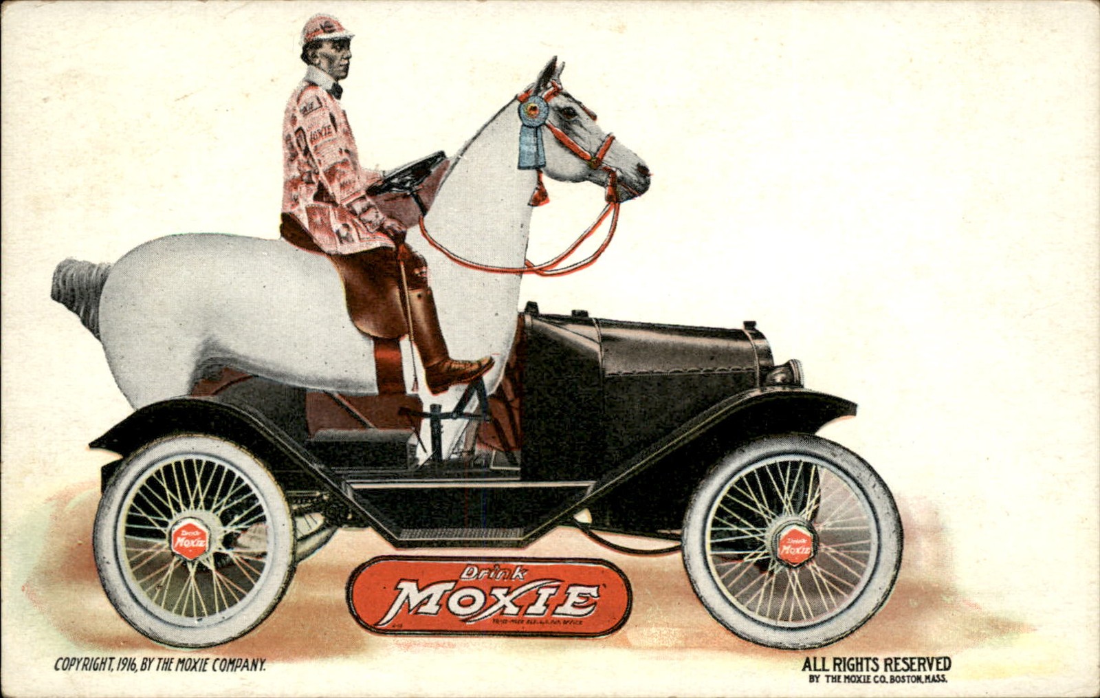 Moxie Soda Beverage Automobile Car & Horse c1916 Vintage Postcard bhn