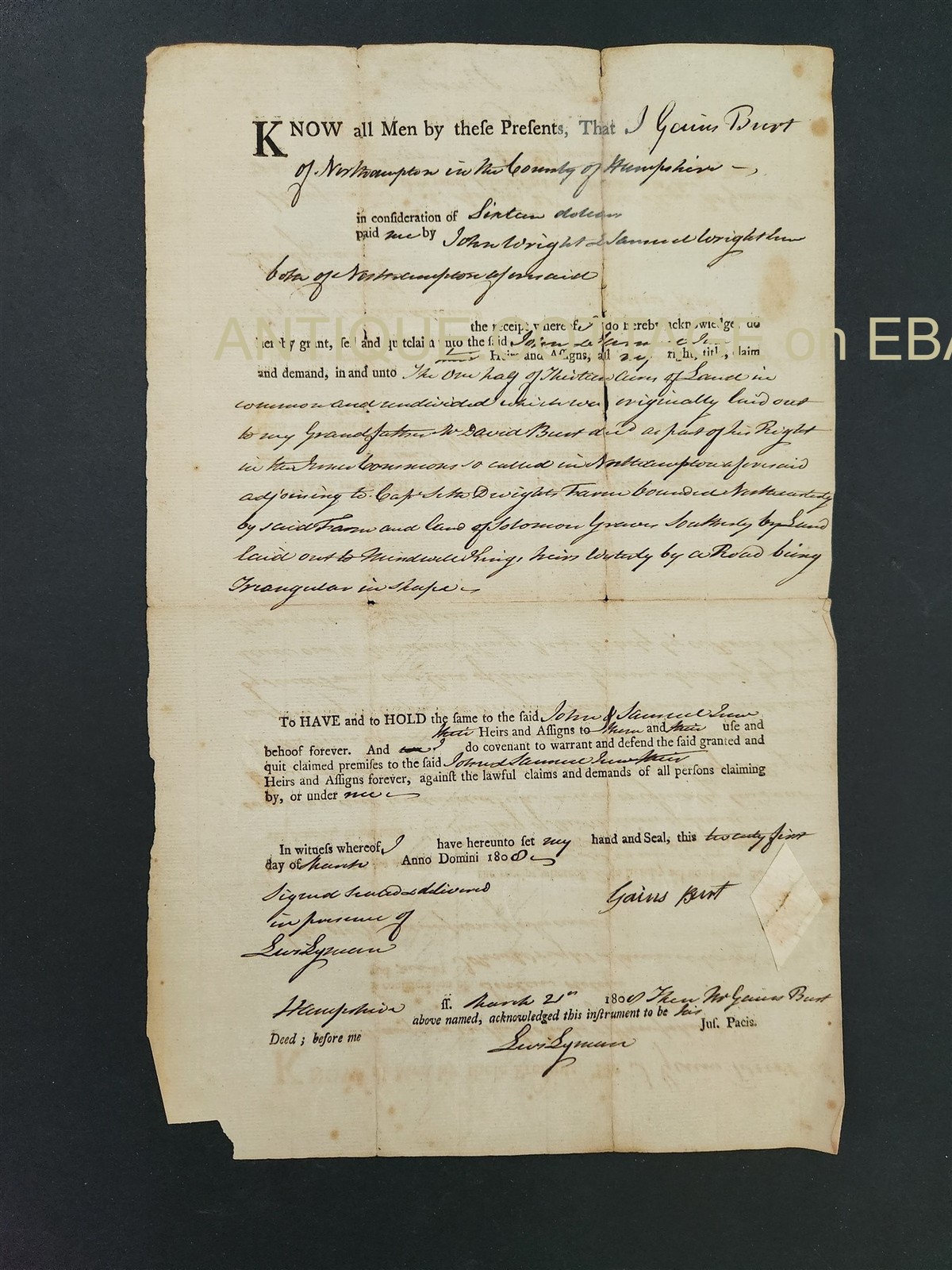 1808? antique LAND DEED northampton ma Gains BURT John Samuel WRIGHT 1828