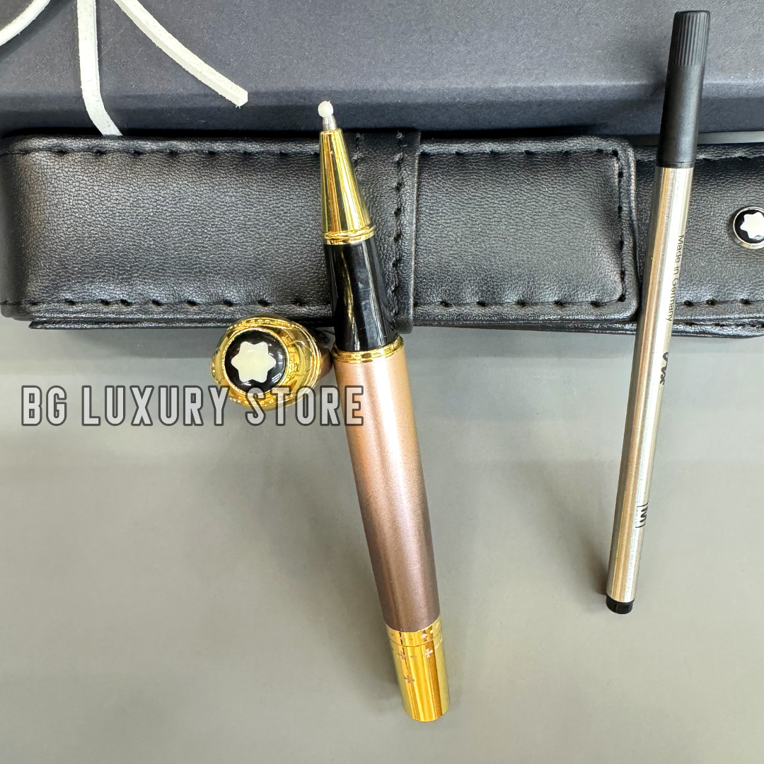 MONTBLANC Champagne Gold Rollerball Pen Gold Trim w/ Leather Pouch & Refill 
