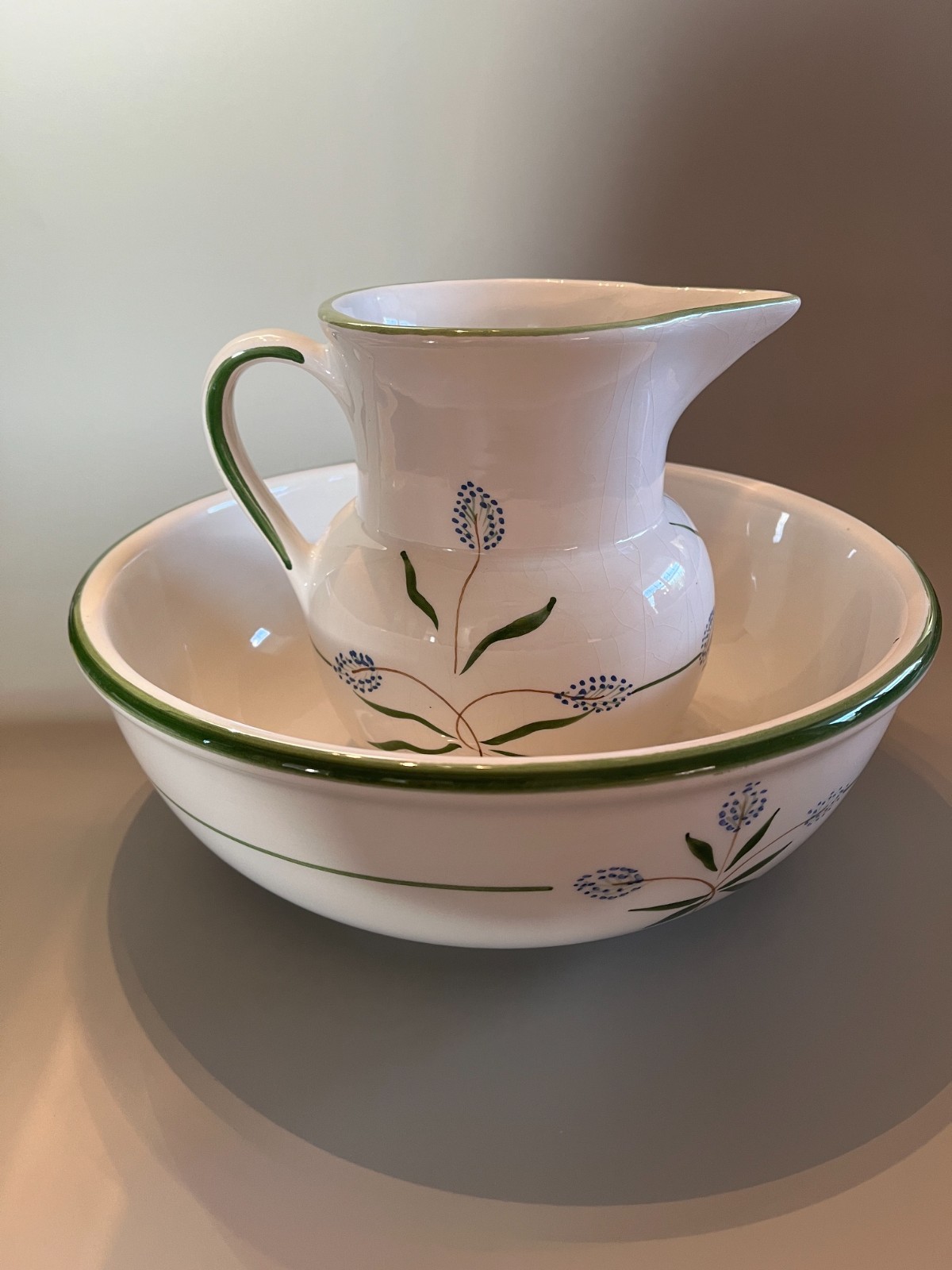 Vintage Italian Hand Painted Pitcher & Wash Basin Bowl Set Blue Floral Green Rim