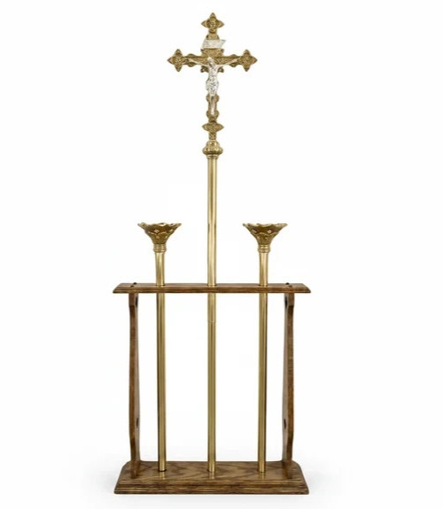 Brass & Silver Processional Cross & Pair of Acolyte Candlesticks w/ Wood Stand