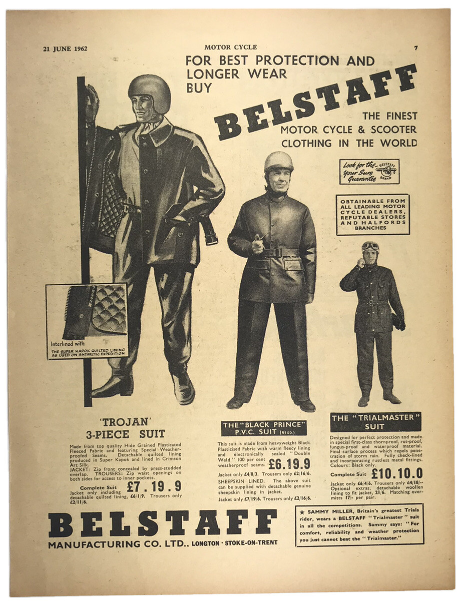 Vintage Motorcycle Scooter Clothing Belstaff Mfg UK 1962 Print Ad