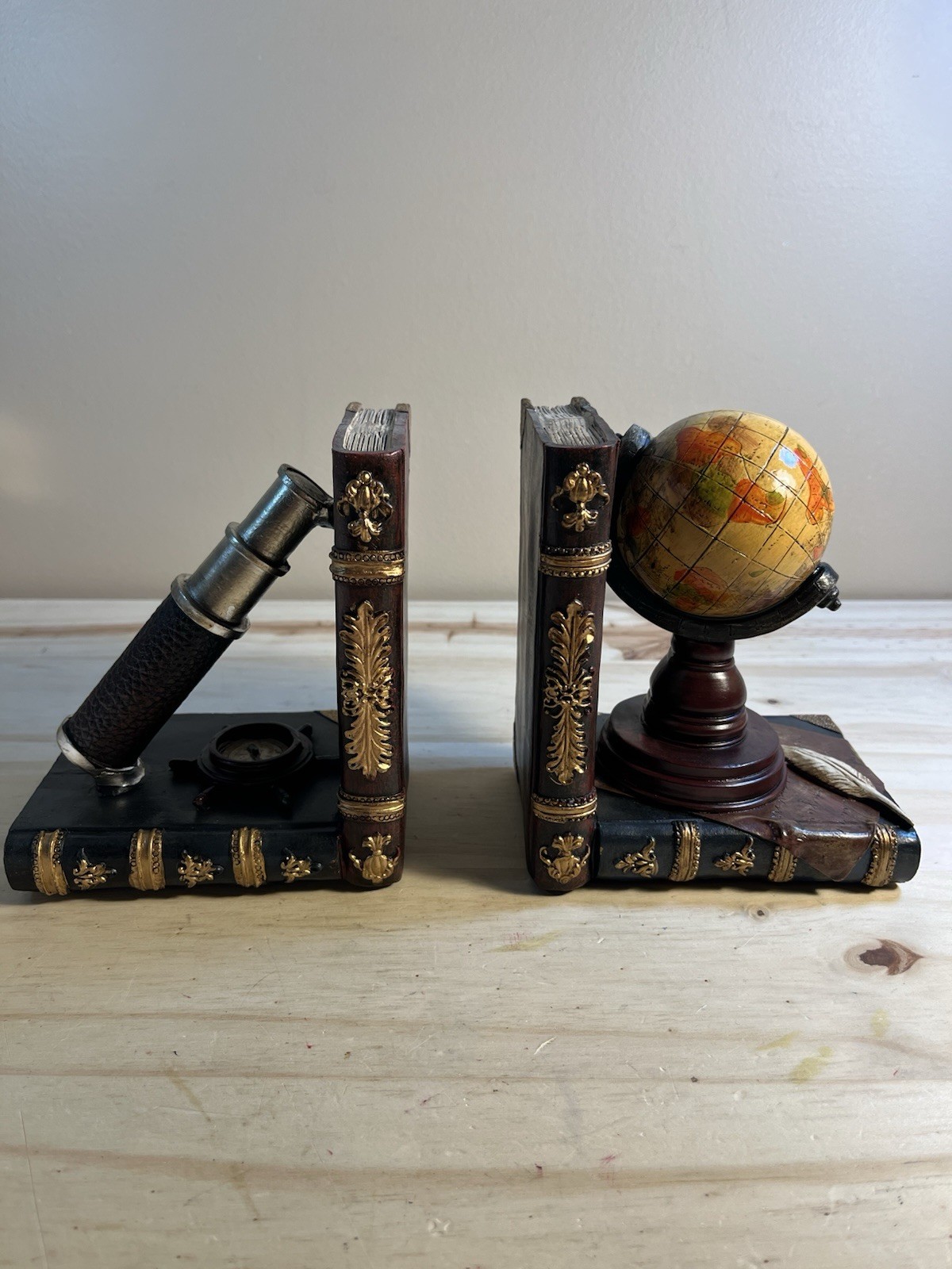 Vintage-style Bookends w/Globe Telescope Compass Nautical Astronomy Travel NOB