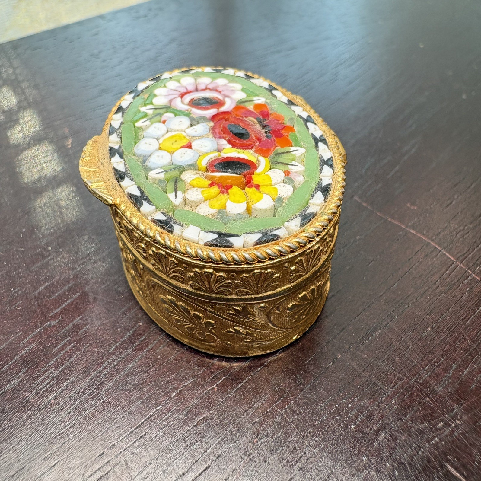 Vintage Italian Style Micro Mosaic Floral Gold Tone Oval Hinged Pill Trinket Box
