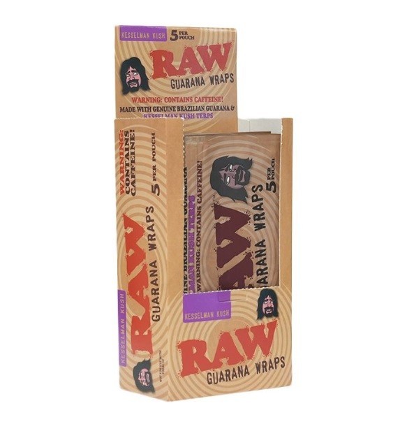 RAW Guarana Wraps Kesselman Kush -Fully Sealed Box: 25 Pouches 5 Wraps per pouch