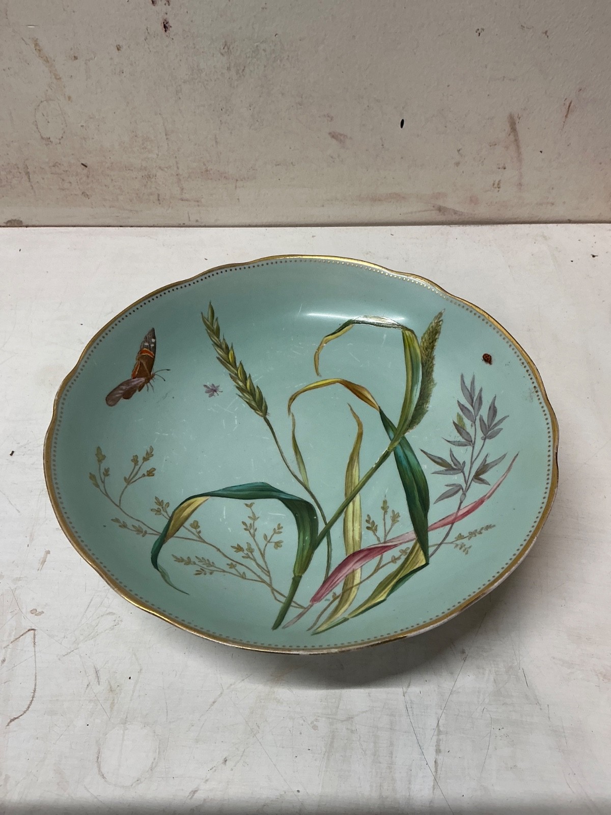 Antique Minton Aesthetic Movement Compote With Insect & Butterfly Decoration