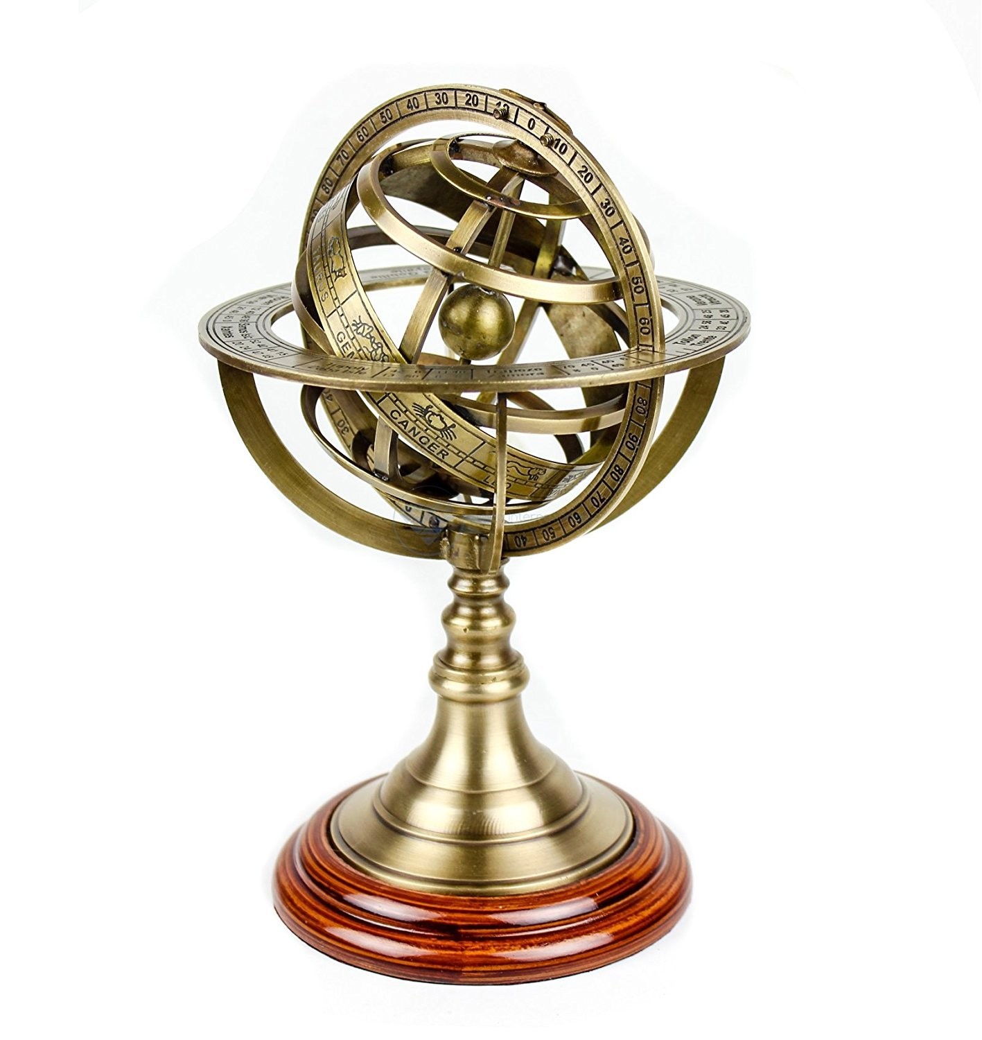 Antique Vintage Zodiac Armillary Brass Sphere Globe Wooden Display Pirate\'s