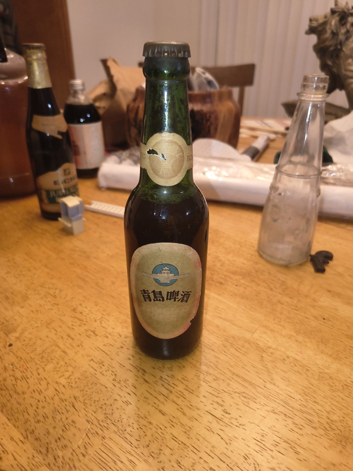 Vintage Tsingtao Beer Bottle Empty With Label Retro Chinese Breweriana 12oz...