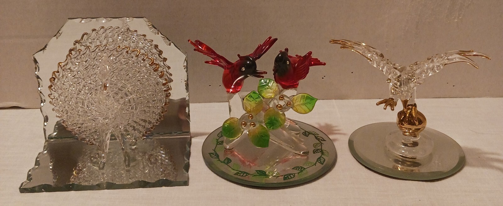 Lot of 3 Vintage Spun Glass Figurines PEACOCK Eagle RED CARDINALS gold trim