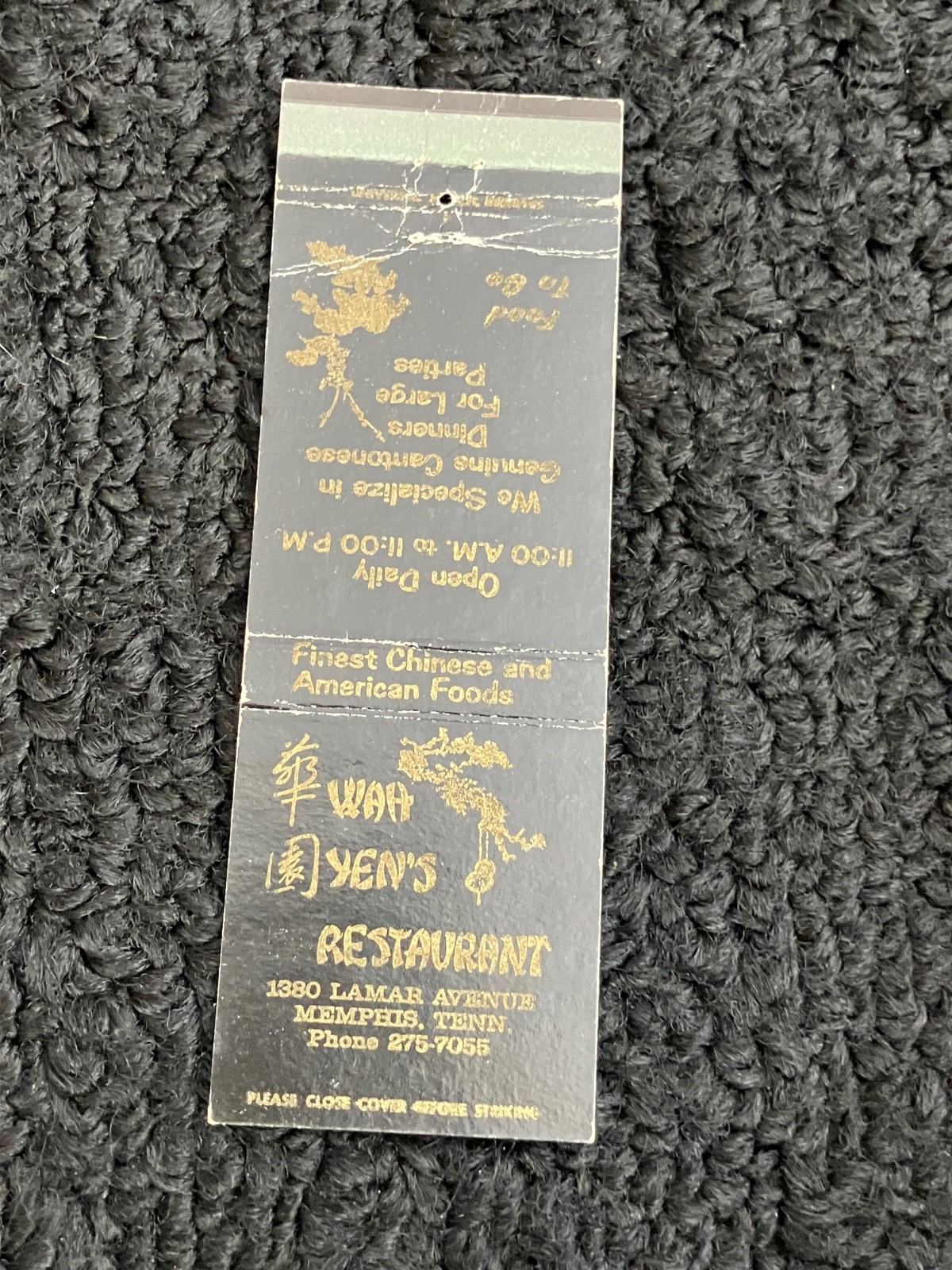 Vintage Tennessee Matchbook “Wah Yen’s Chinese Restaurant” Memphis