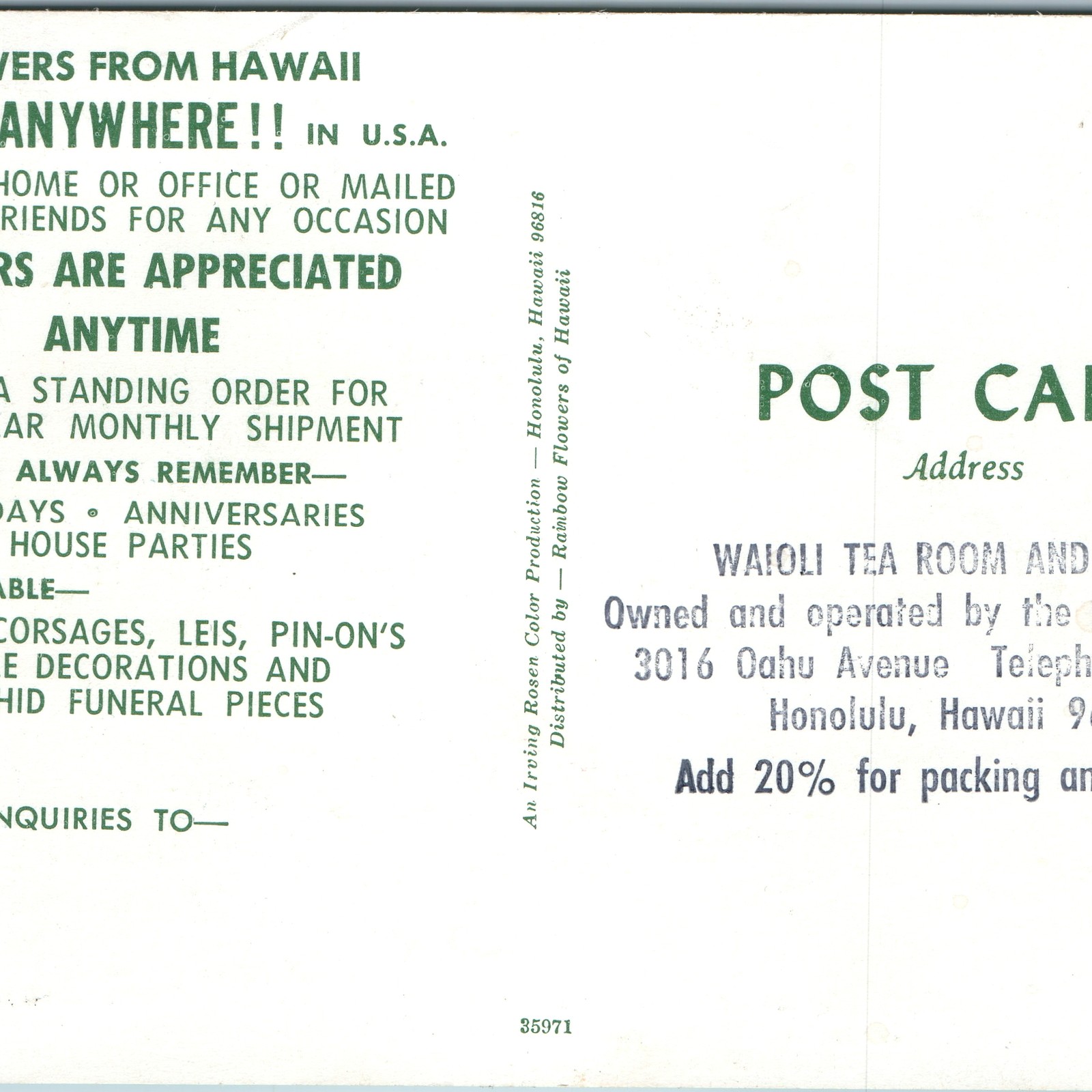 c1960s Honolulu HI Hawaiian Flower Arrangements Waioli Tea Room Salvation Army