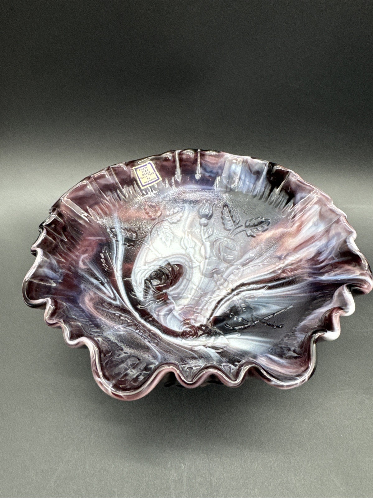 VTG Imperial Slag Amethyst Purple Rose Floral Embossed Footed Ruffle Bowl NOS VTG Imperial Slag Amethyst Purple Rose Floral Embossed Footed Ruffle Bowl NOS
