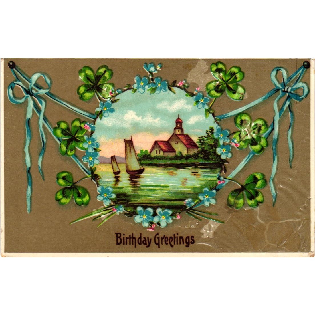 Antique Birthday Postcard Germany Embossed Clovers Sailboat M.E. Orphanage Stamp