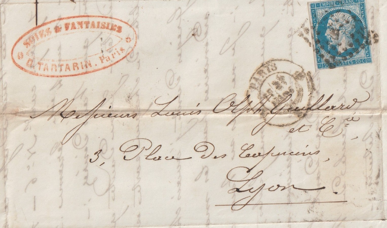 1860 France Letter D. Tartarin Silk Trade Paris to Lyon 20c Blue Stamp Cachet