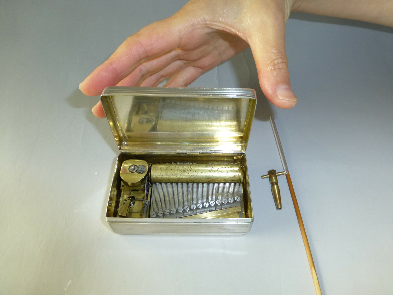 Rare Antique Sectional Comb Tabatiere Music Box Solid Sterling Silver Snuff Box
