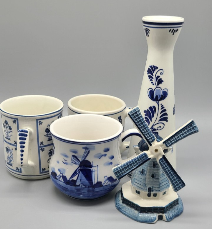 Set of 5 Vintage Delft Blue Hand-painted Ceramic Cups, Vase, and Windmill