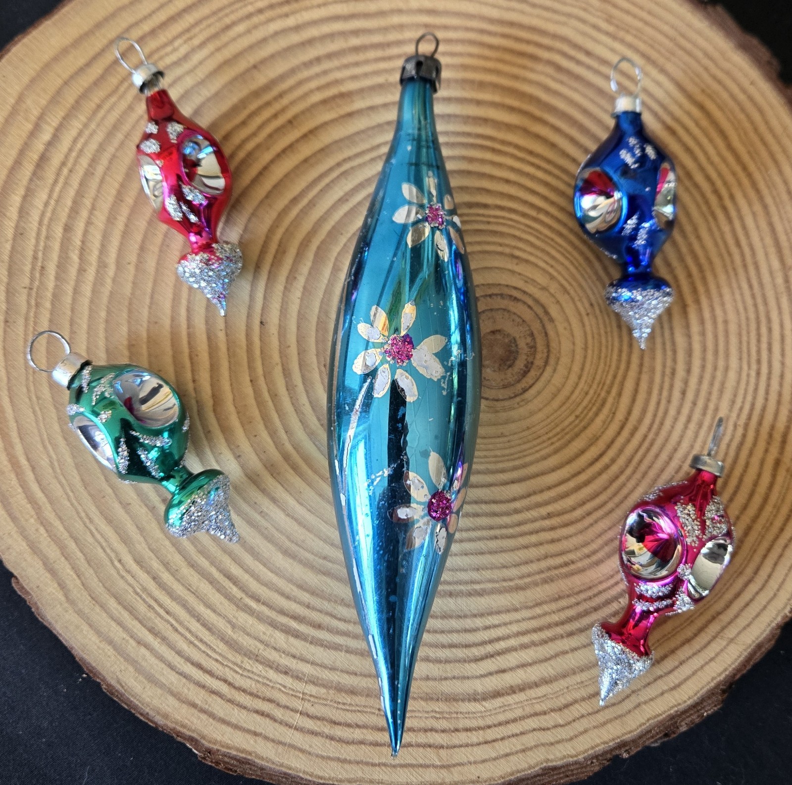 Vintage 6 Thin Teardrop Blue Daisy Plus 4 Miniature VTG Glass Ornaments Poland