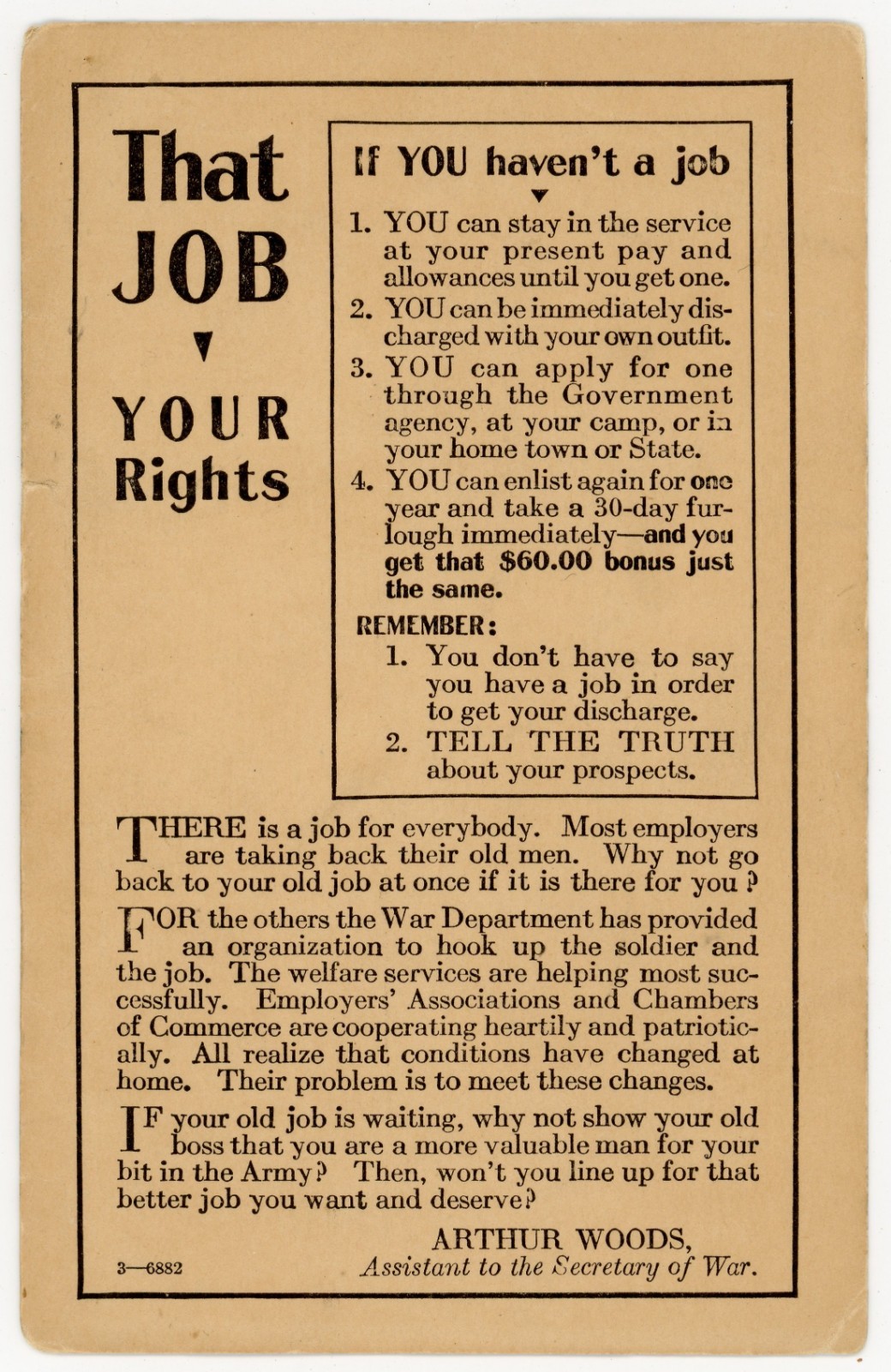 WWI 1919 Demobilization Card That Job Your Rights Arthur Woods War Dept