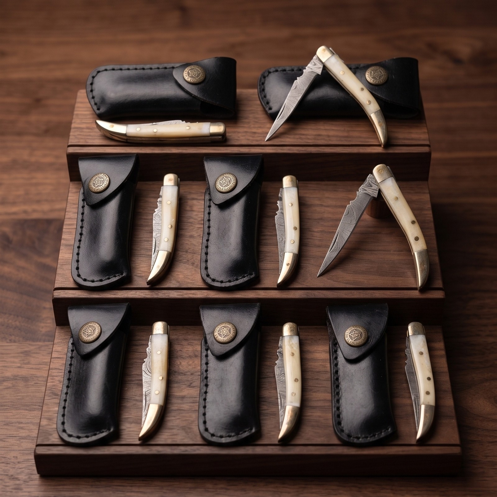 Wholesale Lot 8 Damascus Pocket Knives Camel Bone Gentleman Folder With Sheath
