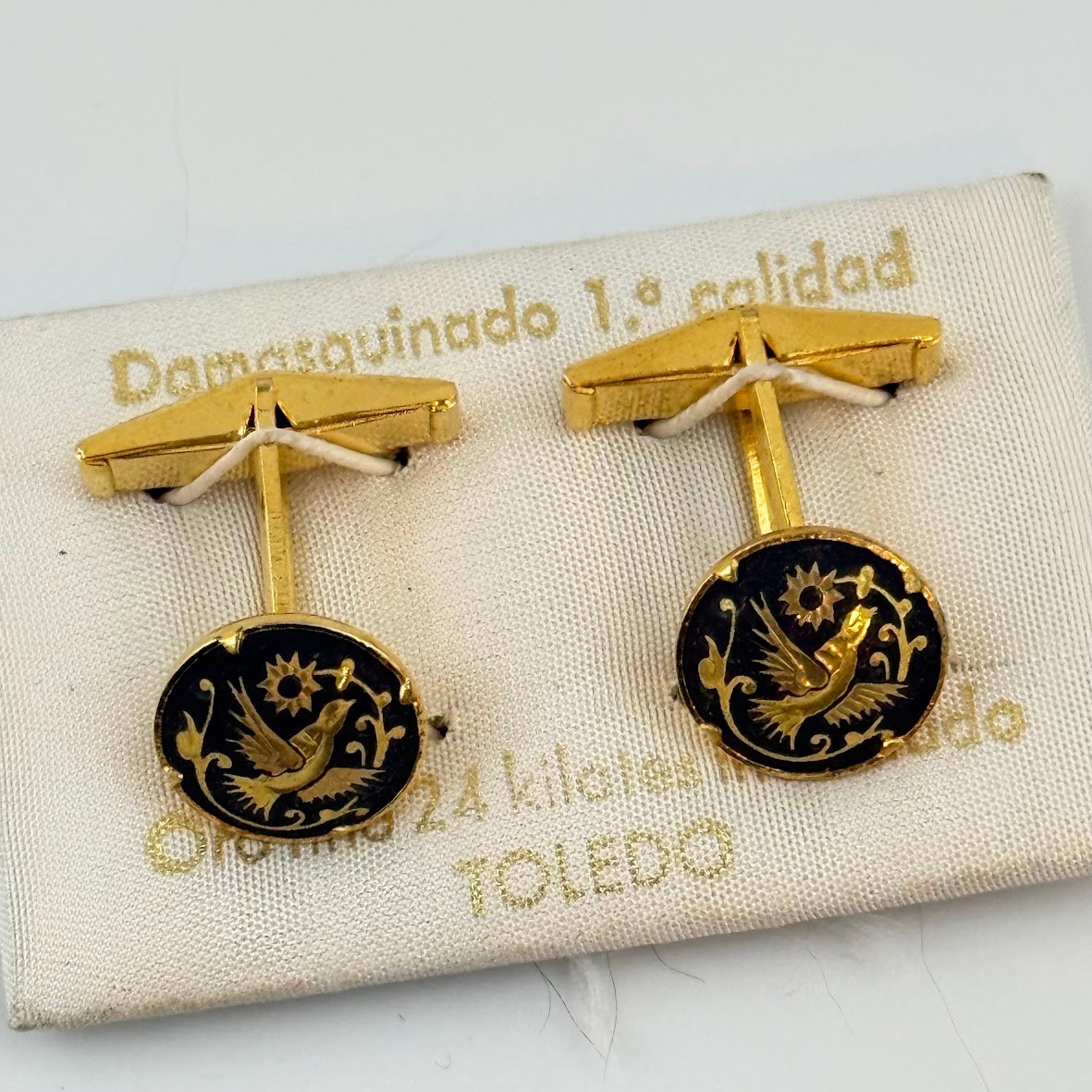 Vtg Antonio Garcia Escobar Damascene Cufflinks Toledo Gold Plated Inlay Bird