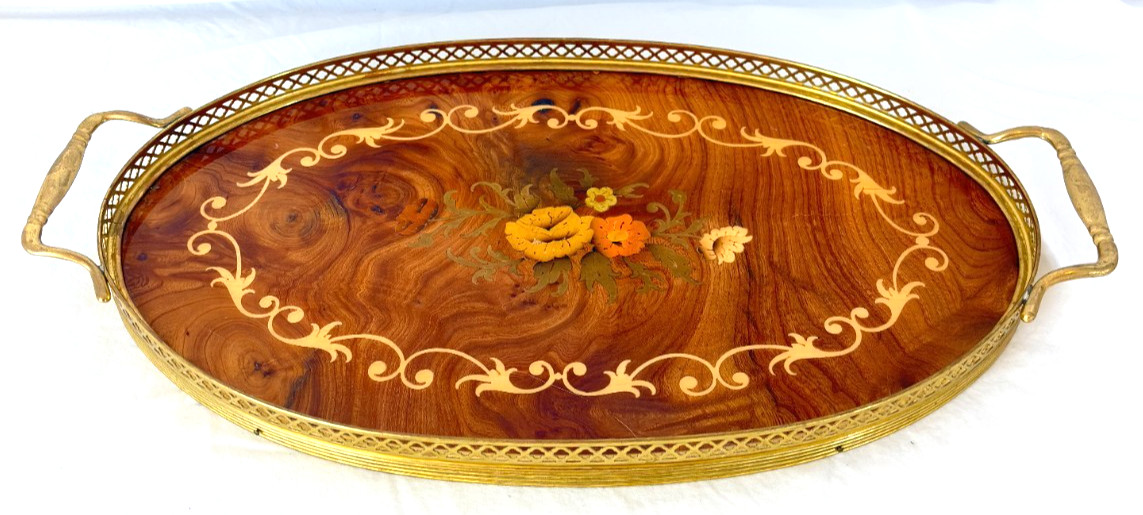 Birks VTG Italian Marquetry Wood Inlay Brass Handles VanityServing Tray Sorrento Birks VTG Italian Marquetry Wood Inlay Brass Handles VanityServing Tray Sorrento