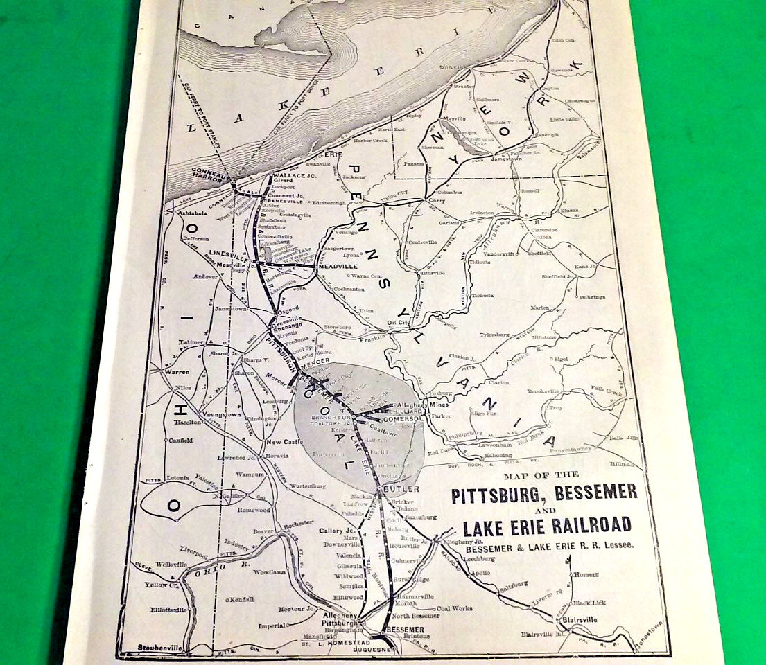 Rare 1903 Railroad Map Pittsburg Bessemer &Lake Erie Railroad Routes Connections